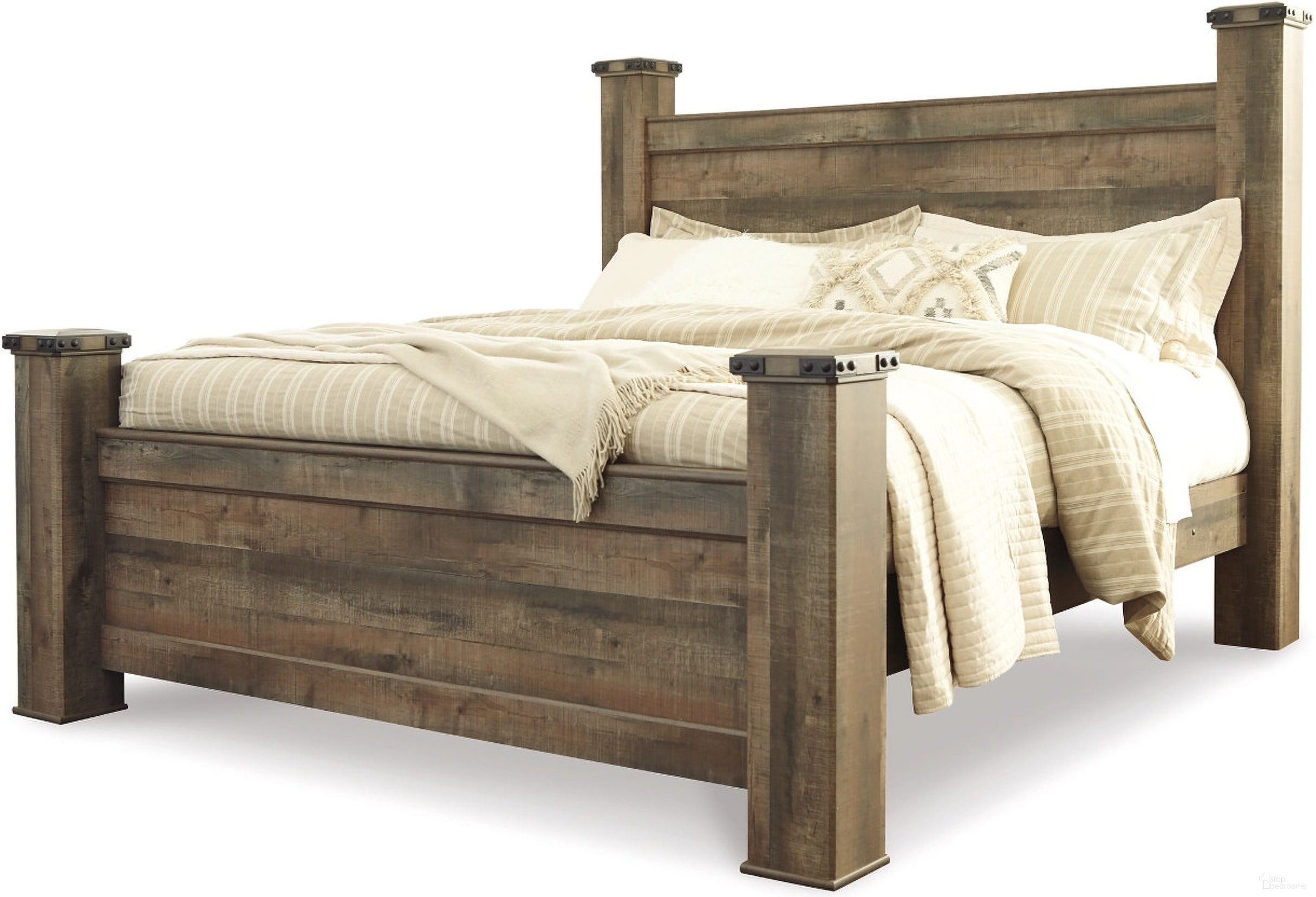 The appearance of Trinell Poster Bed King designed by Signature Design by Ashley in the transitional interior design. This brown piece of furniture  was selected by 1StopBedrooms from Trinell Collection to add a touch of cosiness and style into your home. Sku: B446-68;B446-61;B446-66;B446-99. Bed Type: Poster Bed. Material: Wood. Bed Size: King.