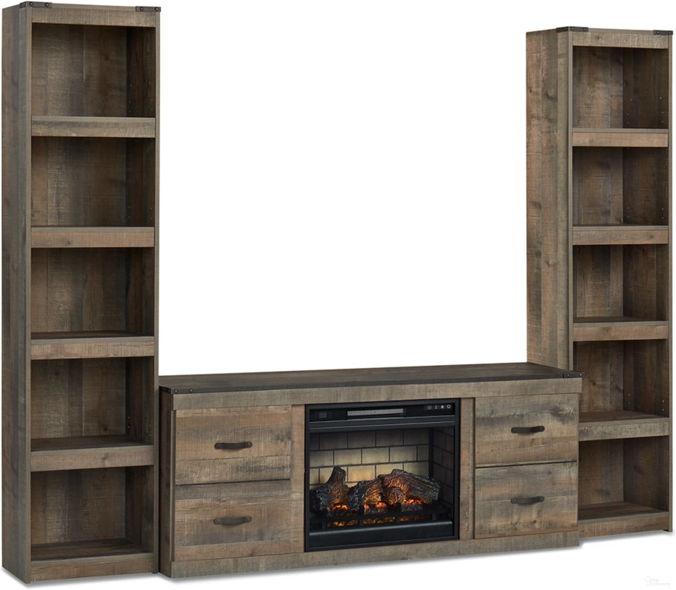 The appearance of Trinell Rustic Brown 3 Piece Entertainment Center with Electric Fireplace designed by Signature Design by Ashley in the transitional interior design. This brown piece of furniture was selected by 1StopBedrooms from Trinell Collection to add a touch of cosiness and style into your home. Sku: EW0446-268;EW0446-124;EW0446-124;W100-101. Material: Wood.