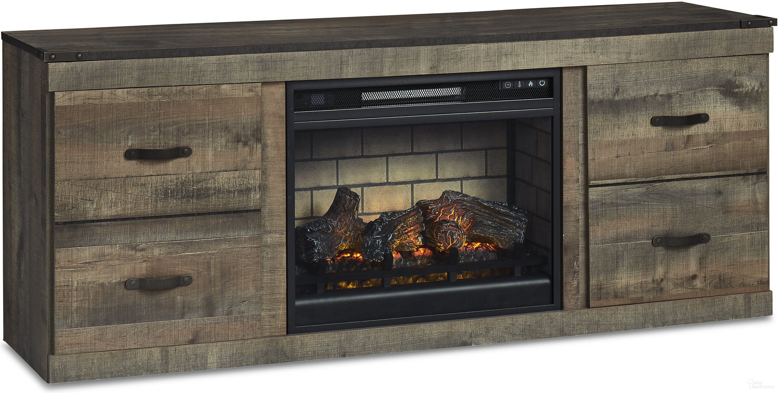 The appearance of Trinell Rustic Brown 60 Inch TV Stand with Electric Fireplace designed by Signature Design by Ashley in the transitional interior design. This brown piece of furniture was selected by 1StopBedrooms from Trinell Collection to add a touch of cosiness and style into your home. Sku: EW0446-268;W100-101. Material: Wood.