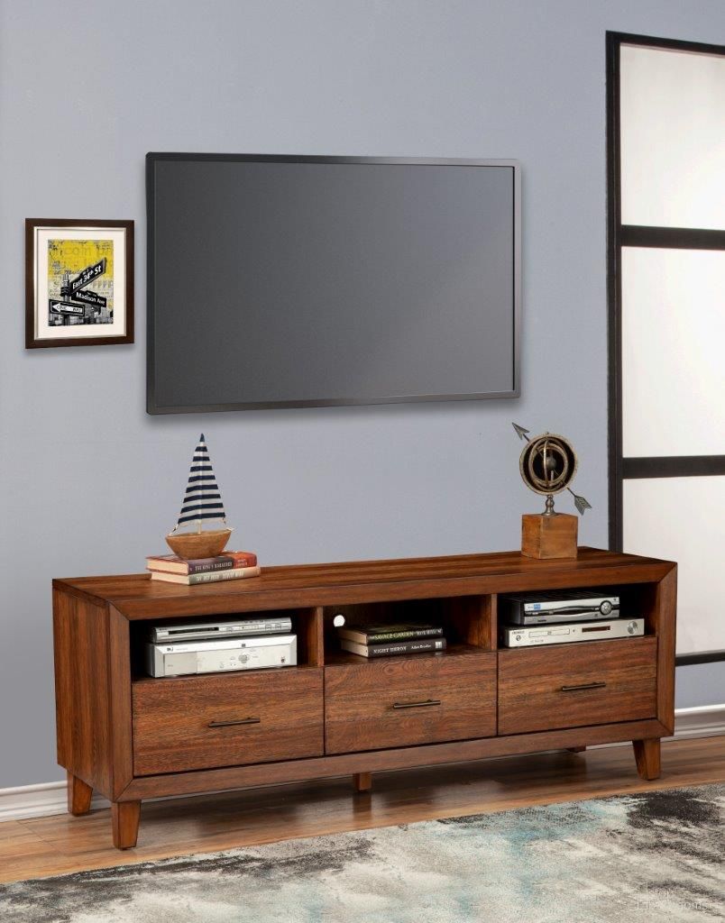 The appearance of Trinidad Tv Console In Toffee designed by Alpine in the modern / contemporary interior design. This brown piece of furniture was selected by 1StopBedrooms from Trinidad Collection to add a touch of cosiness and style into your home. Sku: 2500-10. Material: Wood.