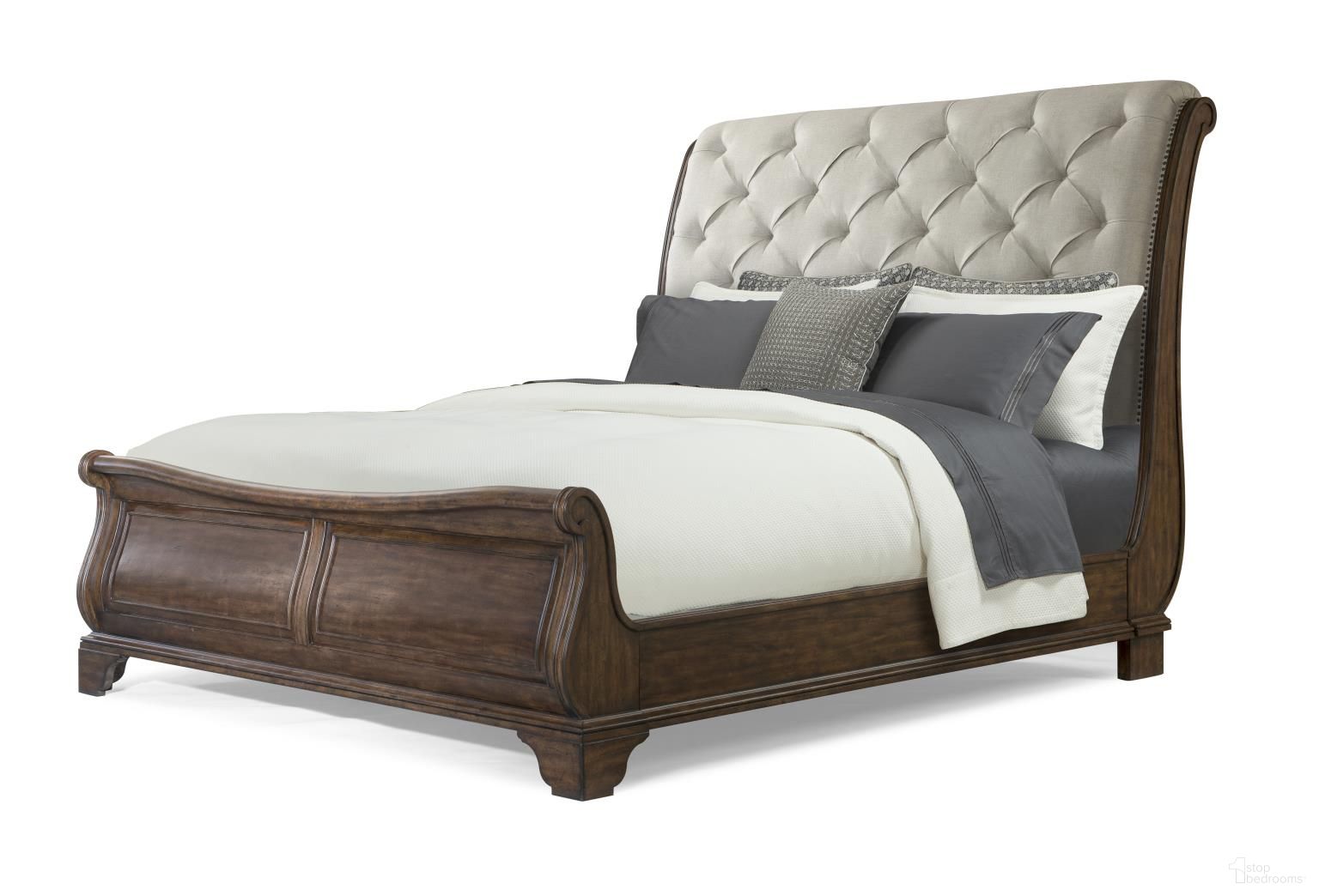 The appearance of Trisha Yearwood Home Complete Dottie Upholstered Headboard King Sleigh Bed In Coffee designed by Legacy Classic in the traditional interior design. This coffee piece of furniture was selected by 1StopBedrooms from Trisha Yearwood Home Collection to add a touch of cosiness and style into your home. Sku: TY920-266HB;TY920-266FB;TY920-266SR. Bed Type: Sleigh Bed. Bed Size: King. Material: Hardwood.