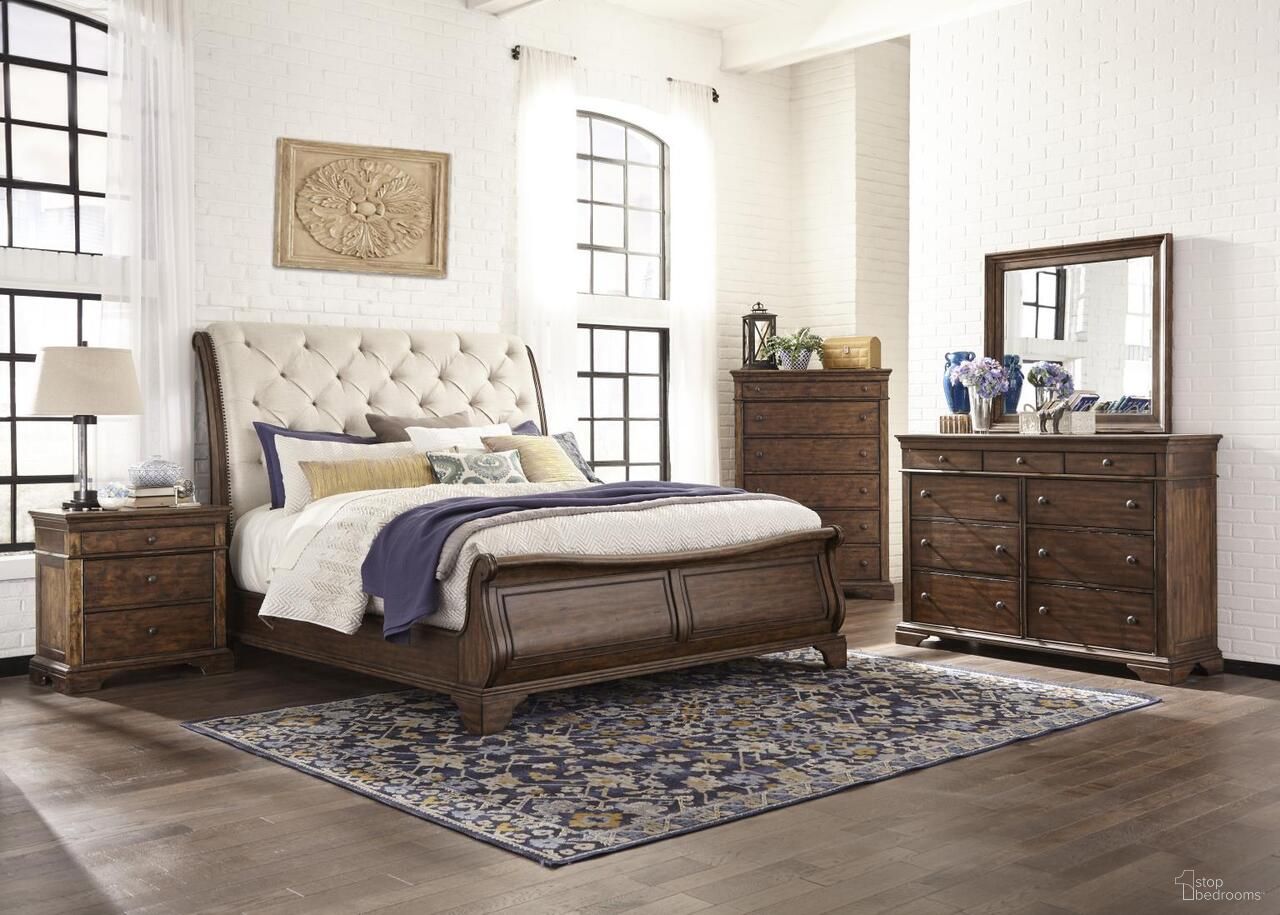The appearance of Trisha Yearwood Home Dottie Upholstered Sleigh Bedroom Set In Coffee designed by Legacy Classic in the traditional interior design. This coffee piece of furniture was selected by 1StopBedrooms from Trisha Yearwood Home Collection to add a touch of cosiness and style into your home. Sku: TY920-250HB;TY920-250FB;TY920-250SR;TY920-670. Bed Size: King. Material: Acacia.