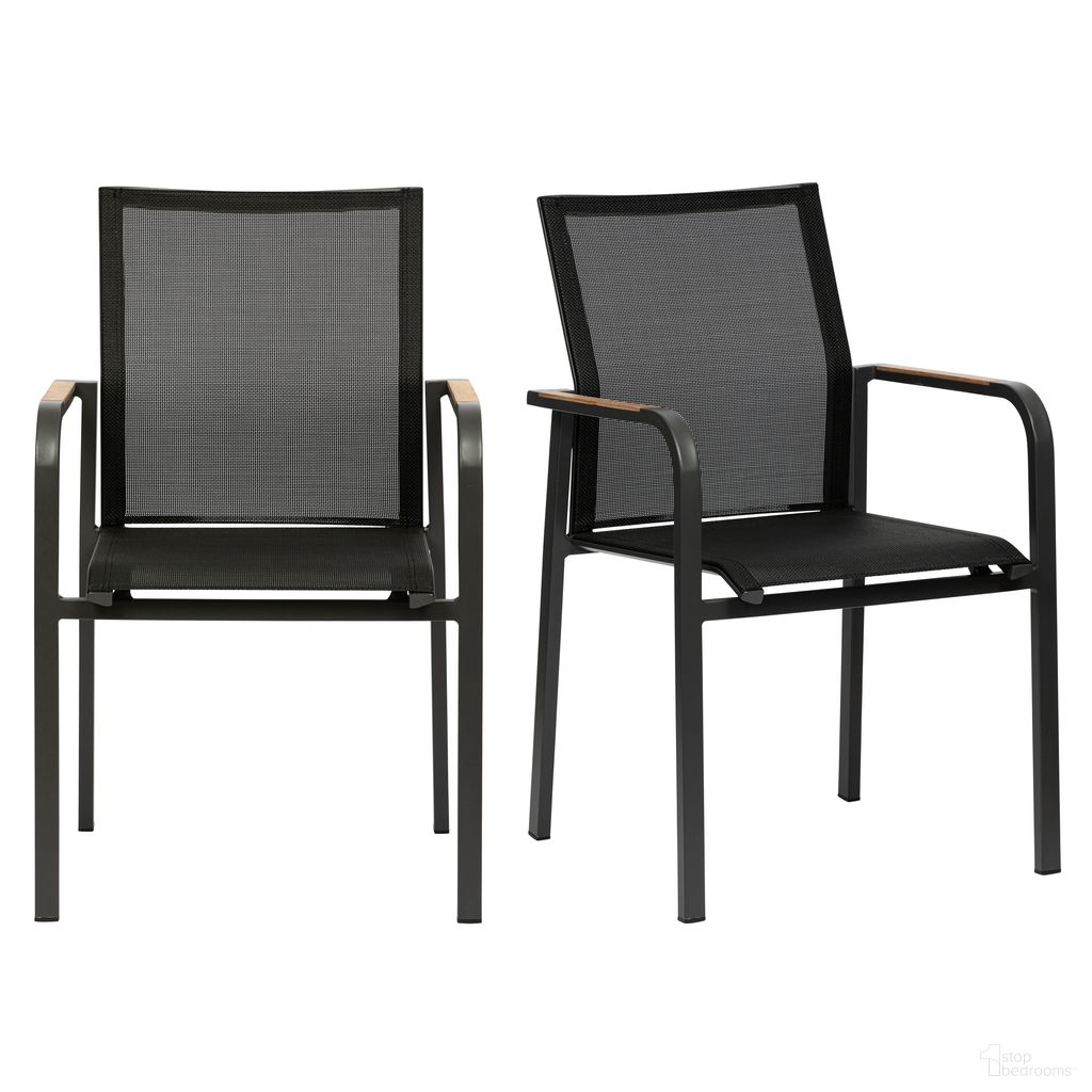 The appearance of Tristan Stackable Outdoor Armchair Set of 2 In Black designed by Euro Style in the modern / contemporary interior design. This black piece of furniture  was selected by 1StopBedrooms from Tristan Collection to add a touch of cosiness and style into your home. Sku: 90578-BLK. Material: Mesh.