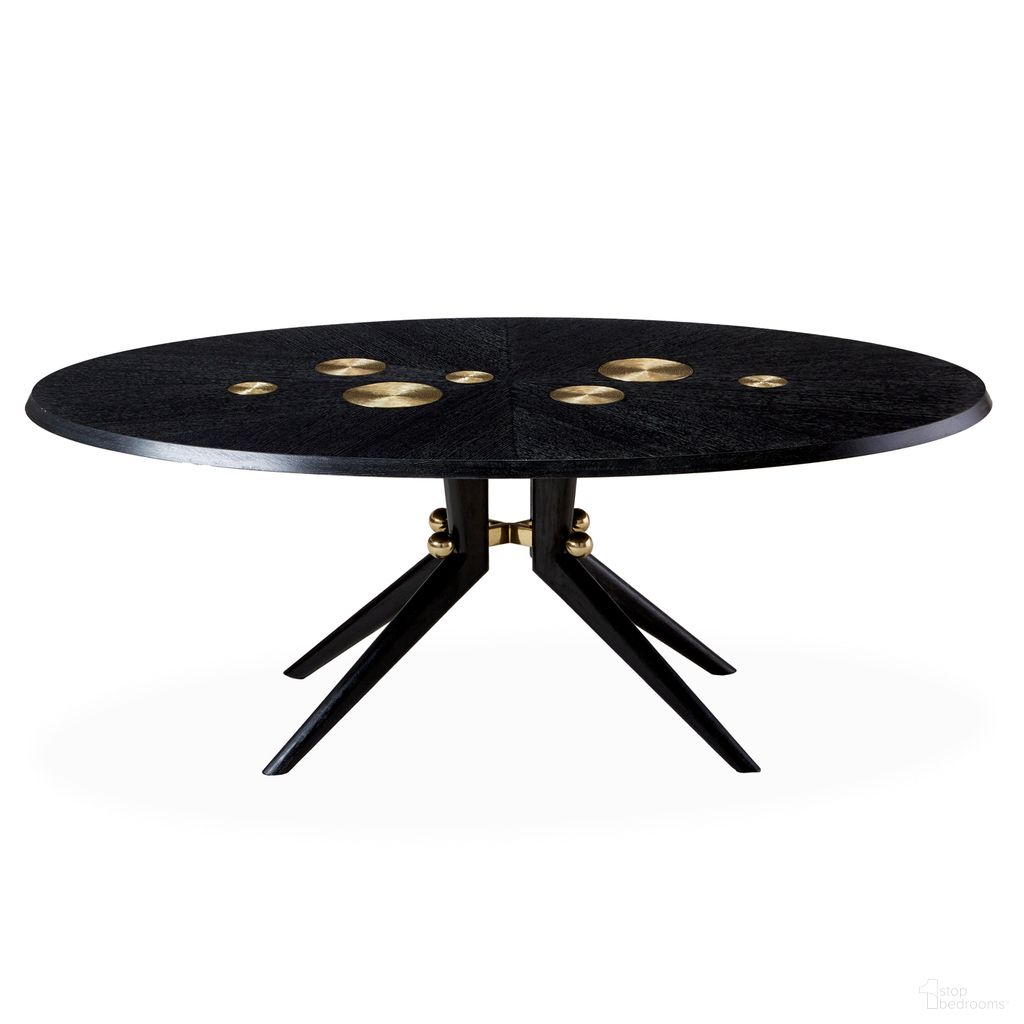 The appearance of Trocadero Dining Table In Ebonized Oak designed by Jonathan Adler in the modern / contemporary interior design. This ebonized oak piece of furniture  was selected by 1StopBedrooms from Trocadero Collection to add a touch of cosiness and style into your home. Sku: 30888. Table Base Style: Legs. Table Top Shape: Round. Material: Glass. Size: 48" x 78".