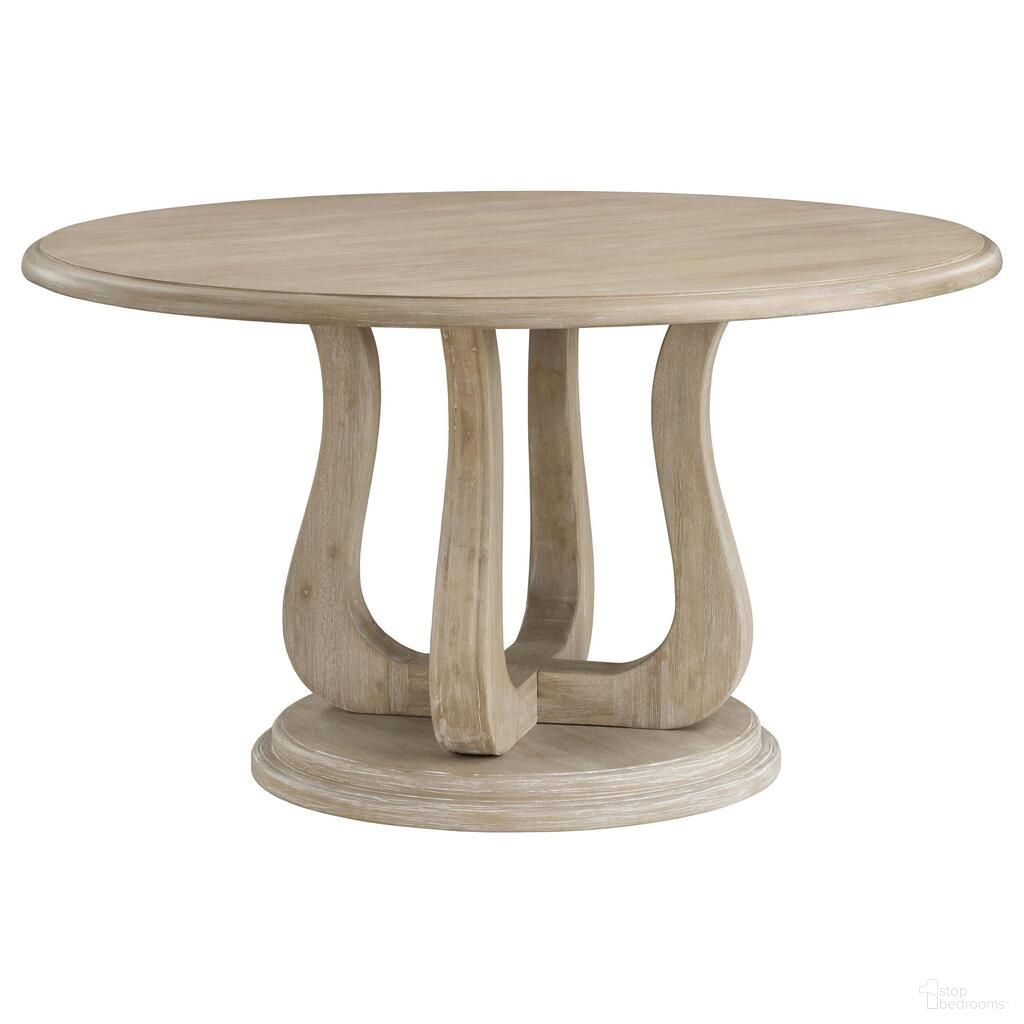 The appearance of Trofello Round 60 Inch Pedestal Dining Table In White Washed designed by Coaster in the country / farmhouse interior design. This white wash piece of furniture was selected by 1StopBedrooms from Trofello Collection to add a touch of cosiness and style into your home. Sku: 123120. Table Base Style: Pedestal. Table Top Shape: Round. Material: Wood. Size: 60".