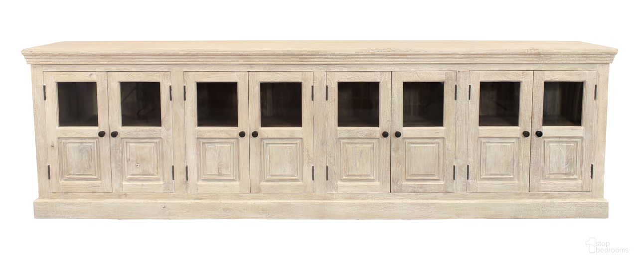 The appearance of Tropez 8-Door Sideboard with Glass Panels In Distressed White designed by Moti in the traditional interior design. This distressed white piece of furniture was selected by 1StopBedrooms from Crane Collection to add a touch of cosiness and style into your home. Sku: 44109011A. Material: Mango Wood.