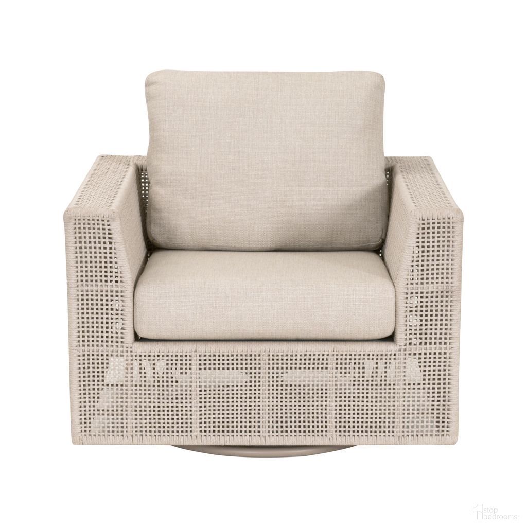 The appearance of Tropez Outdoor Swivel Sofa Chair In Oat Flat Rope and Ecru Weave Washed Ever Teak designed by Essentials For Living in the transitional interior design. This washed ever teak piece of furniture  was selected by 1StopBedrooms from Woven Collection to add a touch of cosiness and style into your home. Sku: 6843-1SRCK.OAT/ECR. Material: Aluminum.