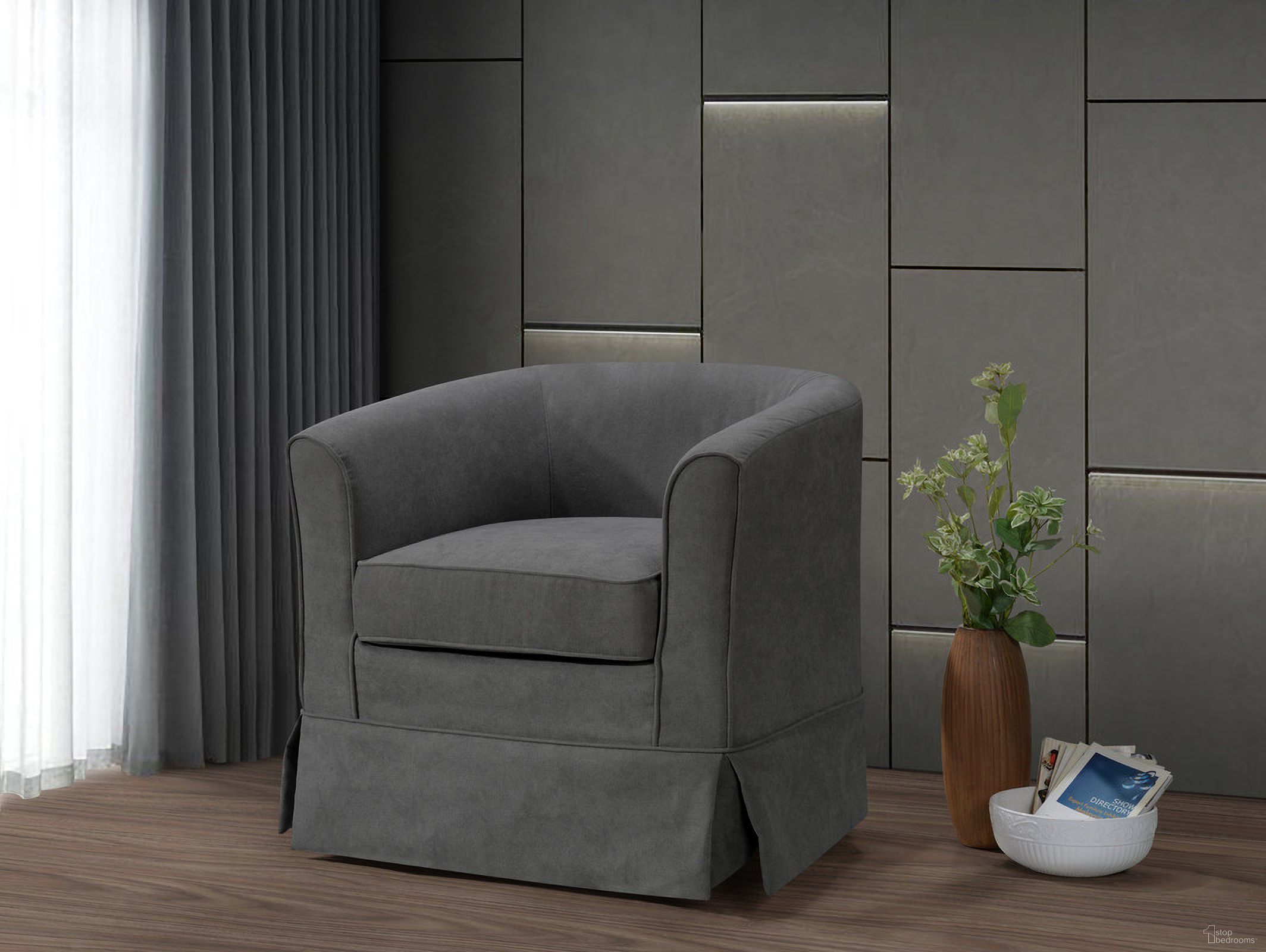 The appearance of Tucker Gray Woven Fabric Swivel Barrel Chair designed by Lilola Home in the modern / contemporary interior design. This gray piece of furniture  was selected by 1StopBedrooms from Tucker Collection to add a touch of cosiness and style into your home. Sku: 88869. Material: Wood.