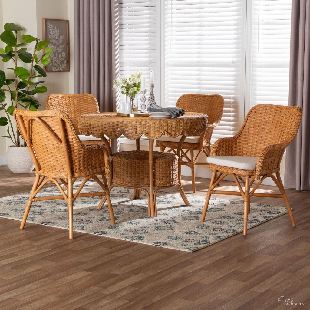 Tucson 5-Piece Rattan Dining Set with Round Wicker Table In Honey