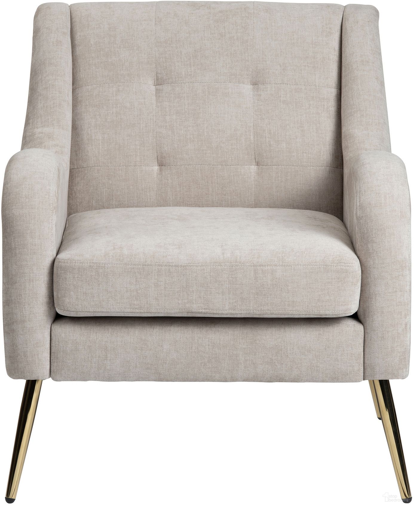 The appearance of Tufted Upholstered Accent Chair In Cream and Gold designed by Crestview Collection in the transitional interior design. This cream/gold piece of furniture  was selected by 1StopBedrooms from  to add a touch of cosiness and style into your home. Sku: CVFZR6167. Material: Polyester.