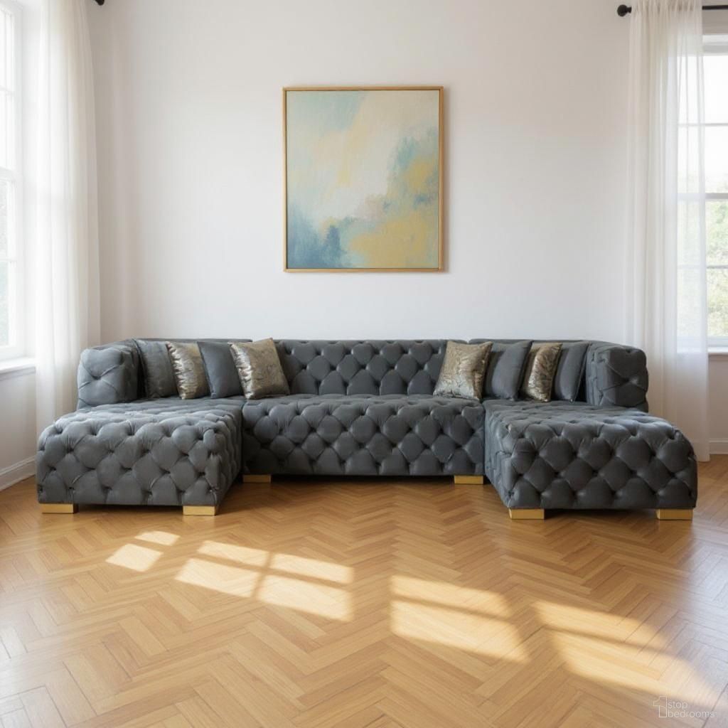 The appearance of Tufted Velvet Modular U Shaped Sofa and Chaise Sectional with Toss Pillows In Gray designed by Homeroots in the modern / contemporary interior design. This gray piece of furniture was selected by 1StopBedrooms from to add a touch of cosiness and style into your home. Sku: 642272. Material: Velvet.