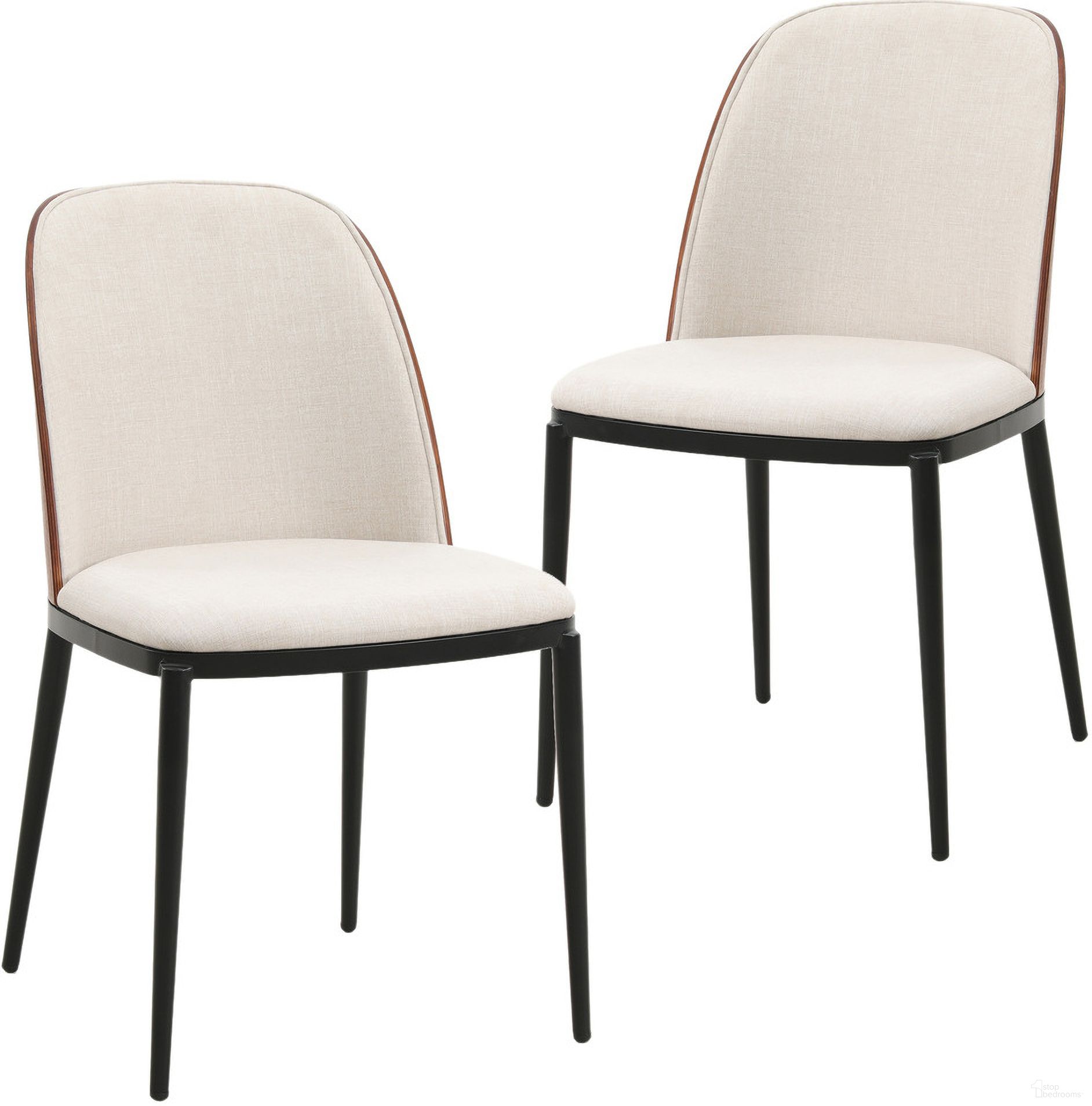 Tule Dining Side Chair Set of 2 with Velvet Seat and Steel Frame In Walnut and Beige