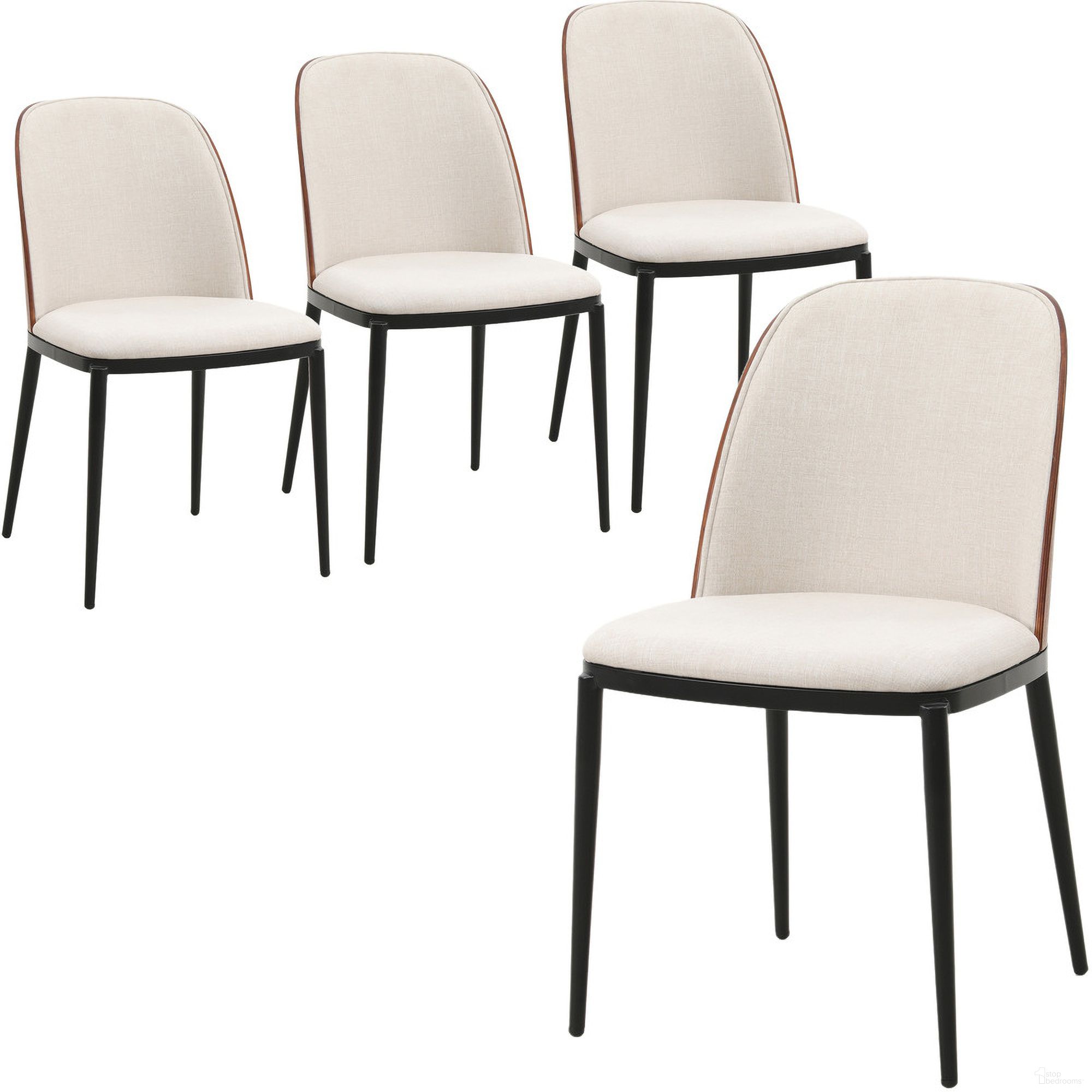 Tule Dining Side Chair Set of 4 with Velvet Seat and Steel Frame In Walnut and Beige