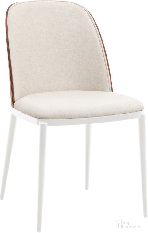 Tule Fabric Dining Side Chair with White Steel Frame In Walnut and Beige