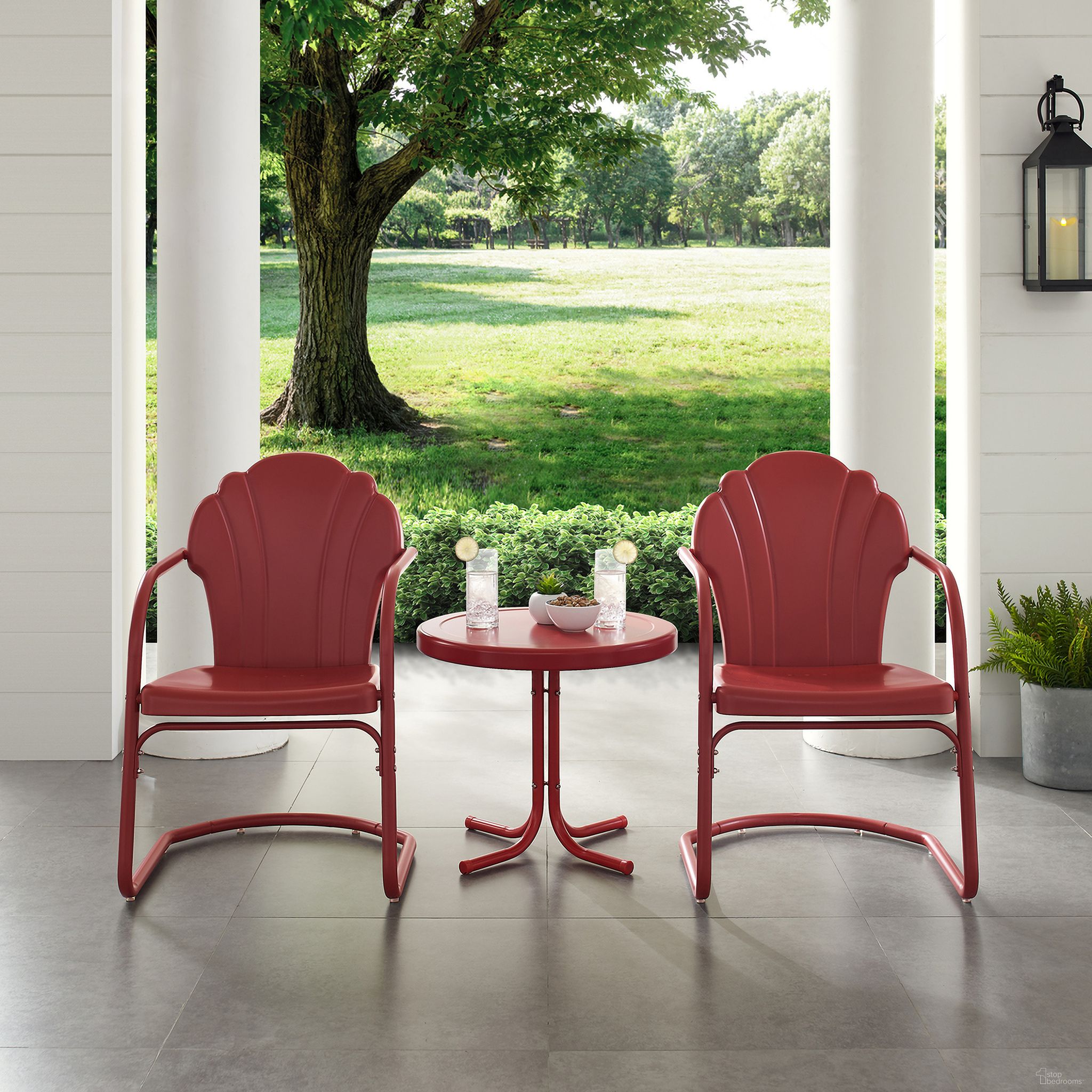 The appearance of Tulip 3 Piece Retro Outdoor Chair Set In Dark Red Satin designed by Crosley Brands in the transitional interior design. This red piece of furniture was selected by 1StopBedrooms from Tulip Collection to add a touch of cosiness and style into your home. Sku: CO1029-RE;CO1011A-RE. Material: Steel.