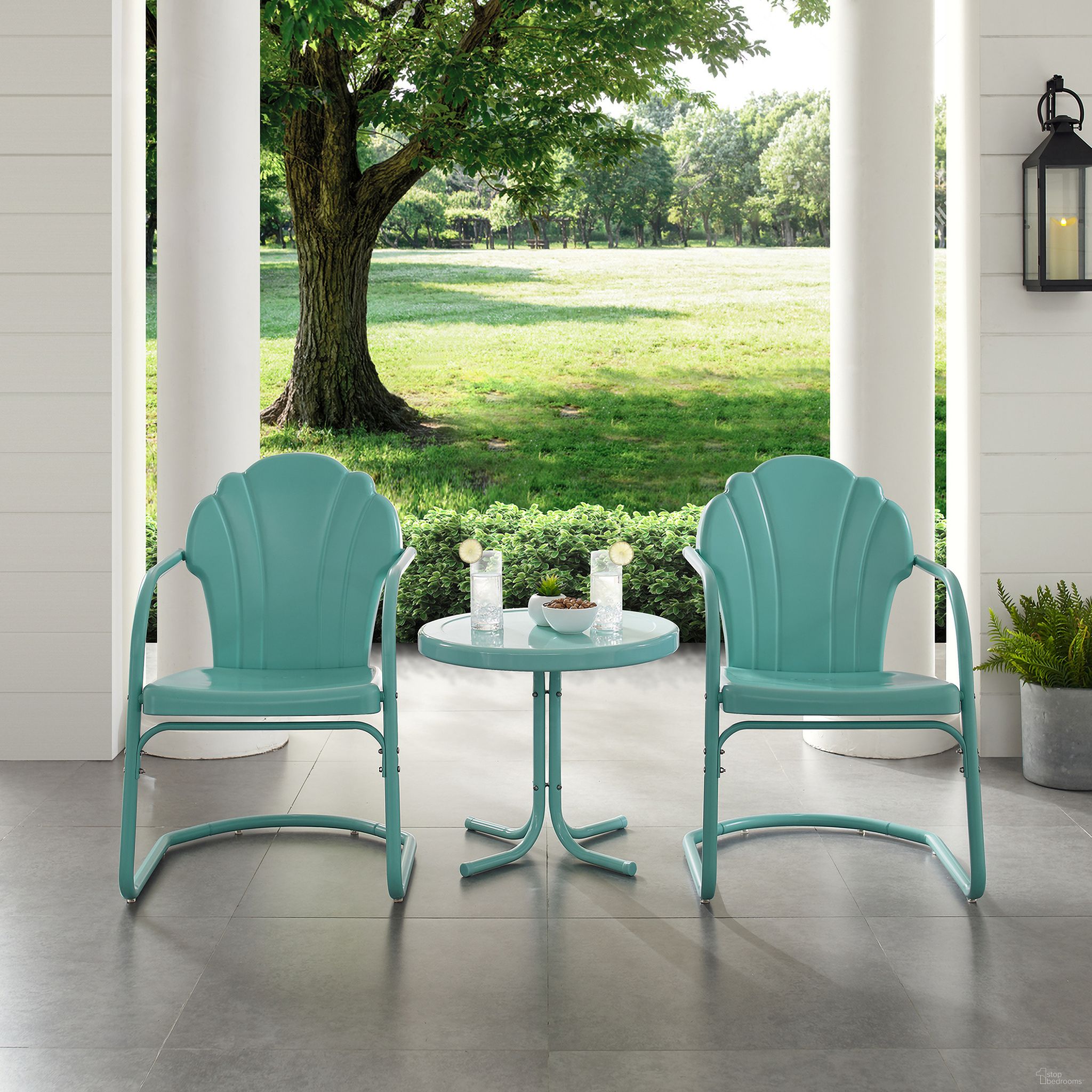 The appearance of Tulip 3 Piece Retro Outdoor Chair Set In Pastel Blue Satin designed by Crosley Brands in the transitional interior design. This blue piece of furniture  was selected by 1StopBedrooms from Tulip Collection to add a touch of cosiness and style into your home. Sku: CO1029-BL;CO1011A-BL. Material: Steel.