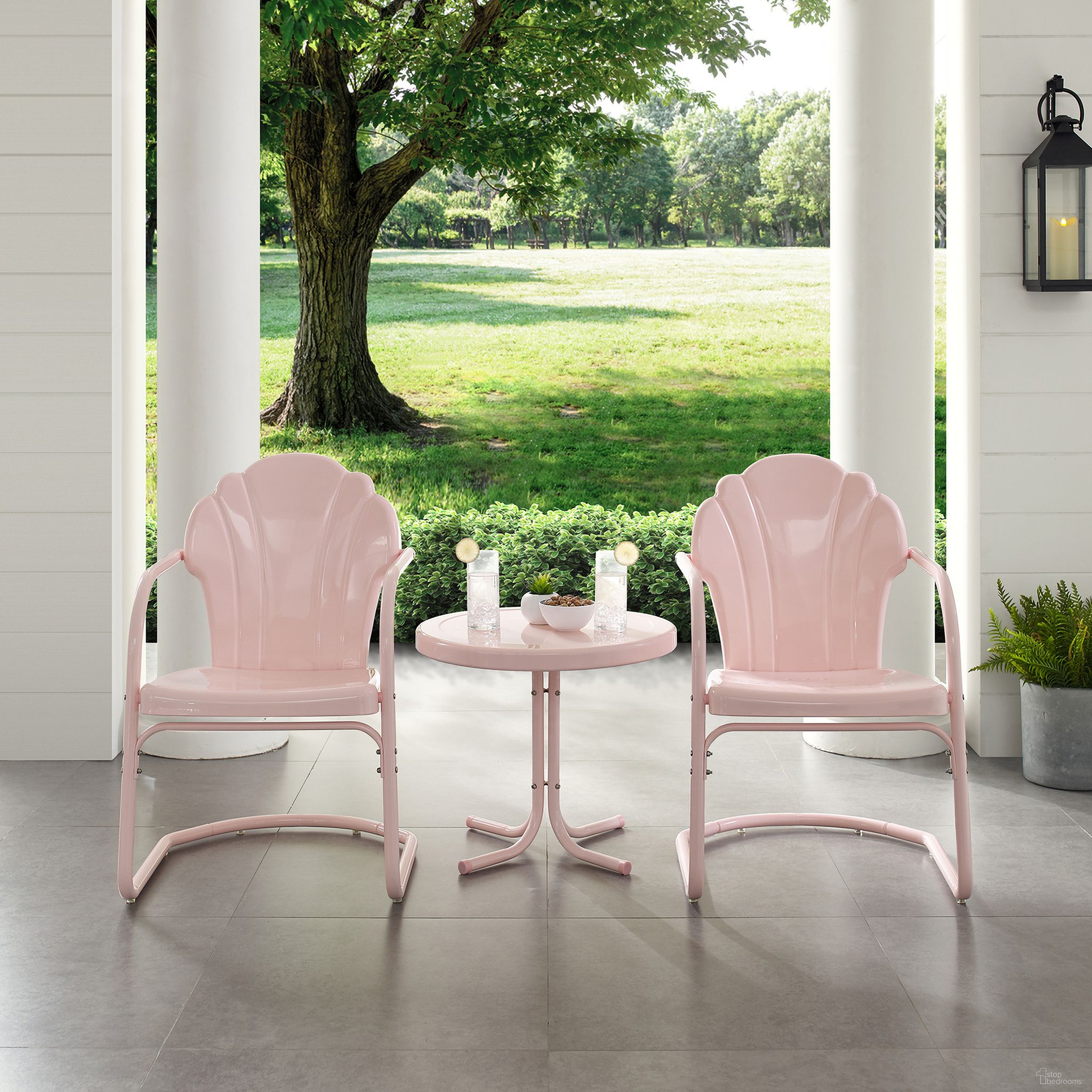 The appearance of Tulip 3 Piece Retro Outdoor Chair Set In Pastel Pink Gloss designed by Crosley Brands in the transitional interior design. This pink piece of furniture  was selected by 1StopBedrooms from Tulip Collection to add a touch of cosiness and style into your home. Sku: CO1029-PI;CO1011A-PI. Material: Steel.