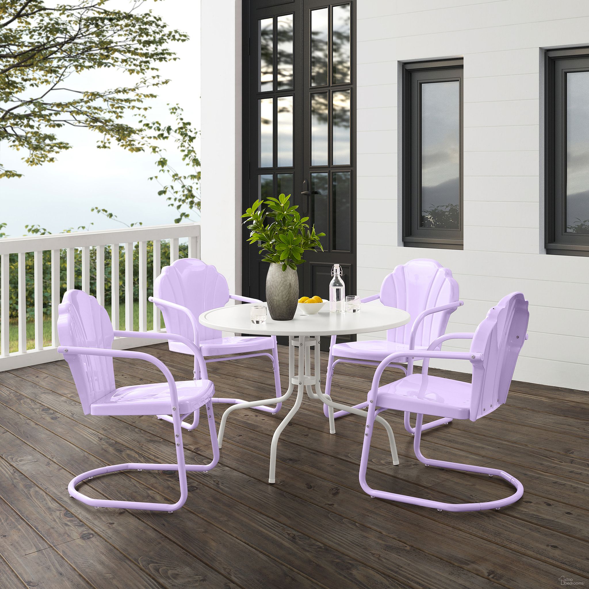 The appearance of Tulip 5 Piece Retro Outdoor Dining Set In Lavender Gloss and White Satin designed by Crosley Brands in the transitional interior design. This lavender piece of furniture was selected by 1StopBedrooms from Tulip Collection to add a touch of cosiness and style into your home. Sku: CO1012A-WH;CO1029-LN;CO1029-LN. Material: Steel.