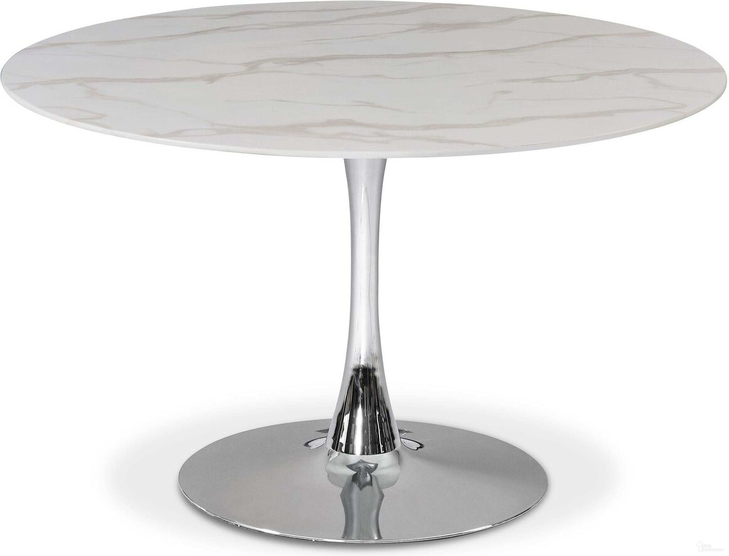 The appearance of Tulip 48-inch Dining Table In Chrome designed by Meridian in the modern / contemporary interior design. This chrome piece of furniture  was selected by 1StopBedrooms from Tulip Collection to add a touch of cosiness and style into your home. Sku: 976-T Box 1/3 (Dining Table);976-T Box 2/3 (Middle Support Column);976-T Box 3/3 (Base plate+Square Connection part+Hardware). Table Base Style: Pedestal. Table Top Shape: Round. Material: Marble. Size: 48".