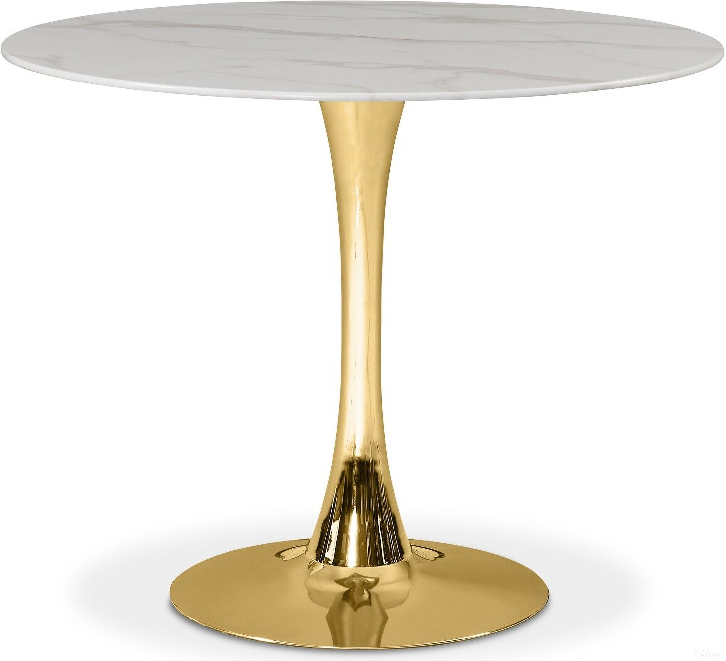 The appearance of Tulip 36-Inch Dining Table In Gold designed by Meridian in the modern / contemporary interior design. This gold piece of furniture  was selected by 1StopBedrooms from Tulip Collection to add a touch of cosiness and style into your home. Sku: 971-T Box 1/3 (Dining Table);971-T Box 2/3 (Middle Support Column);971-T Box 3/3 (Base plate+Square Connection part+Hardware). Table Base Style: Pedestal. Table Top Shape: Round. Material: Marble. Size: 36".