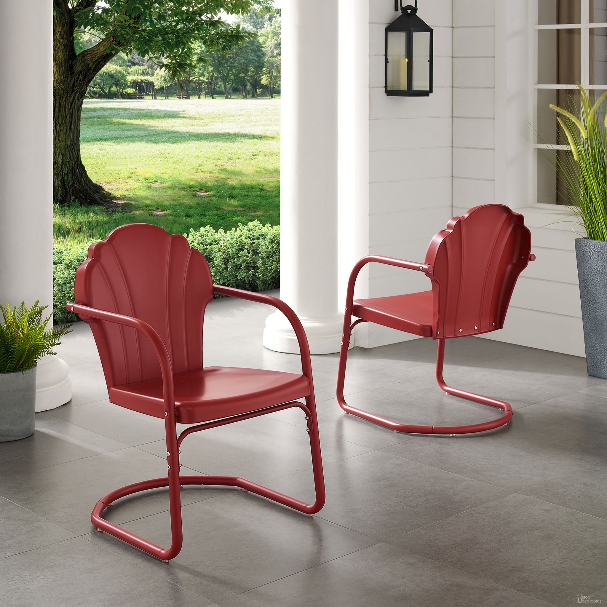 The appearance of Tulip Retro Outdoor Chair In Dark Red Satin - Set of 2 designed by Crosley Brands in the transitional interior design. This red piece of furniture was selected by 1StopBedrooms from Tulip Collection to add a touch of cosiness and style into your home. Sku: CO1029-RE. Material: Steel.