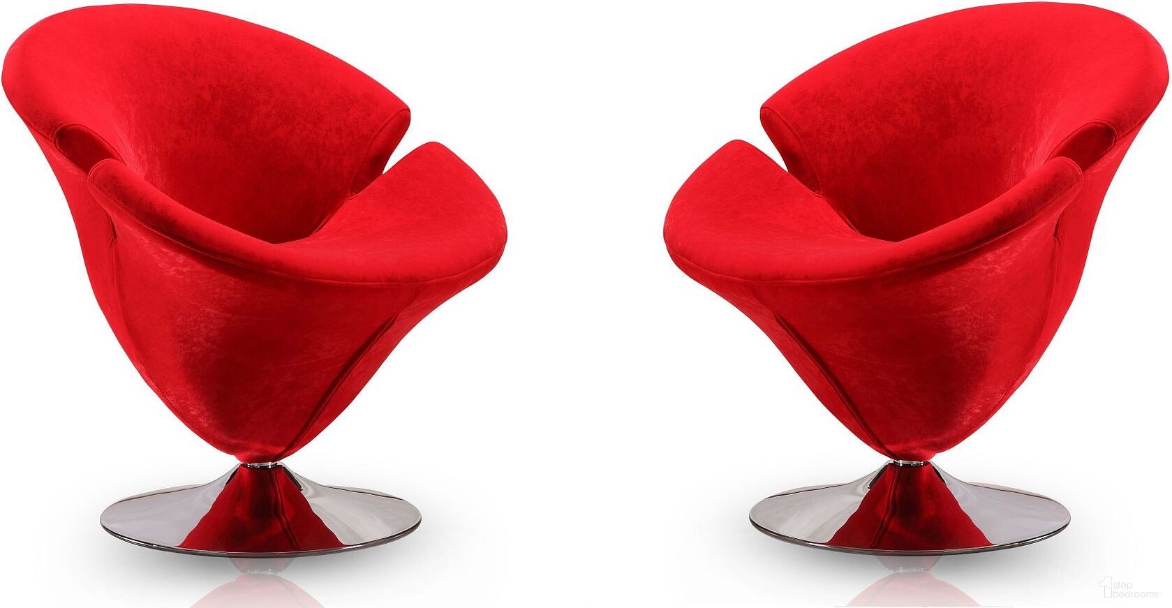 The appearance of Tulip Swivel Accent Chair in Red and Polished Chrome (Set of 2) designed by Manhattan Comfort in the modern / contemporary interior design. This red piece of furniture was selected by 1StopBedrooms from Tulip Collection to add a touch of cosiness and style into your home. Sku: AC029-RD;AC029-RD. Material: Metal.