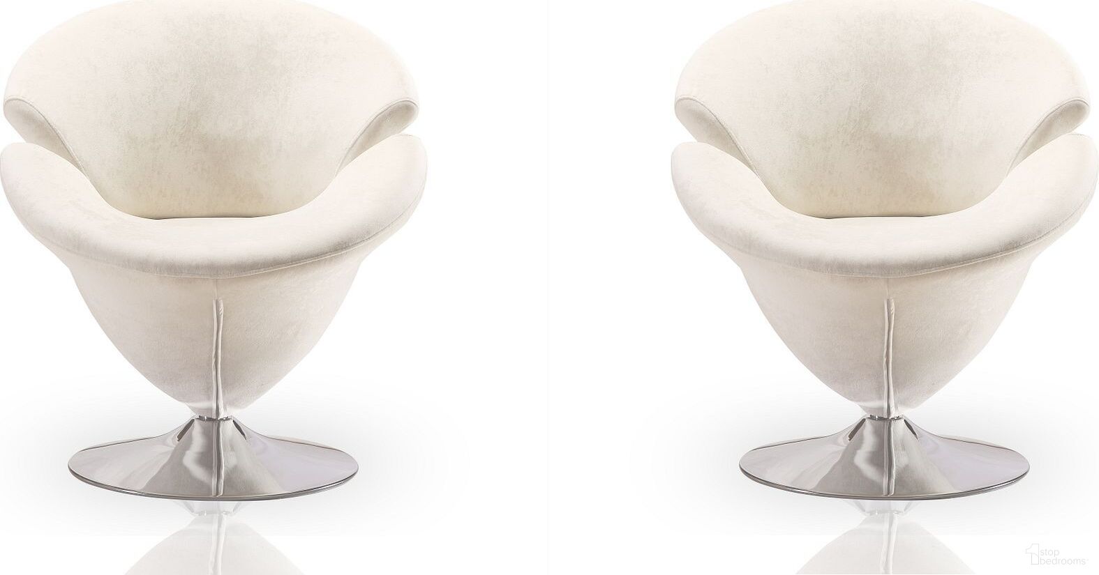 The appearance of Tulip Swivel Accent Chair in White and Polished Chrome (Set of 2) designed by Manhattan Comfort in the modern / contemporary interior design. This white piece of furniture  was selected by 1StopBedrooms from Tulip Collection to add a touch of cosiness and style into your home. Sku: AC029-WH;AC029-WH. Material: Metal.