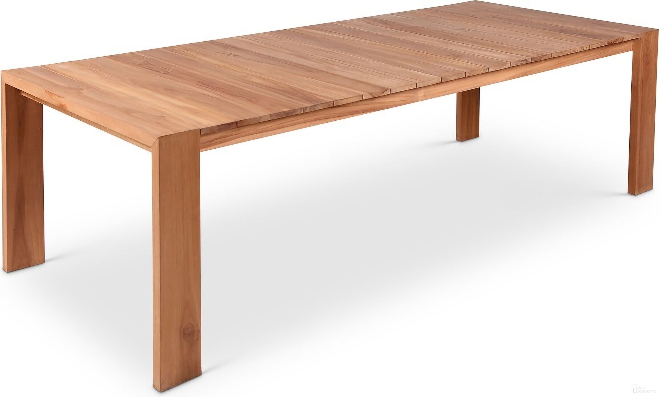 The appearance of Tulum Outdoor Patio Dining Table In Natural Teak designed by Meridian in the modern / contemporary interior design. This teak piece of furniture  was selected by 1StopBedrooms from Tulum Collection to add a touch of cosiness and style into your home. Sku: 353-T. Table Base Style: Legs. Material: Wood. Table Top Shape: Rectangular.