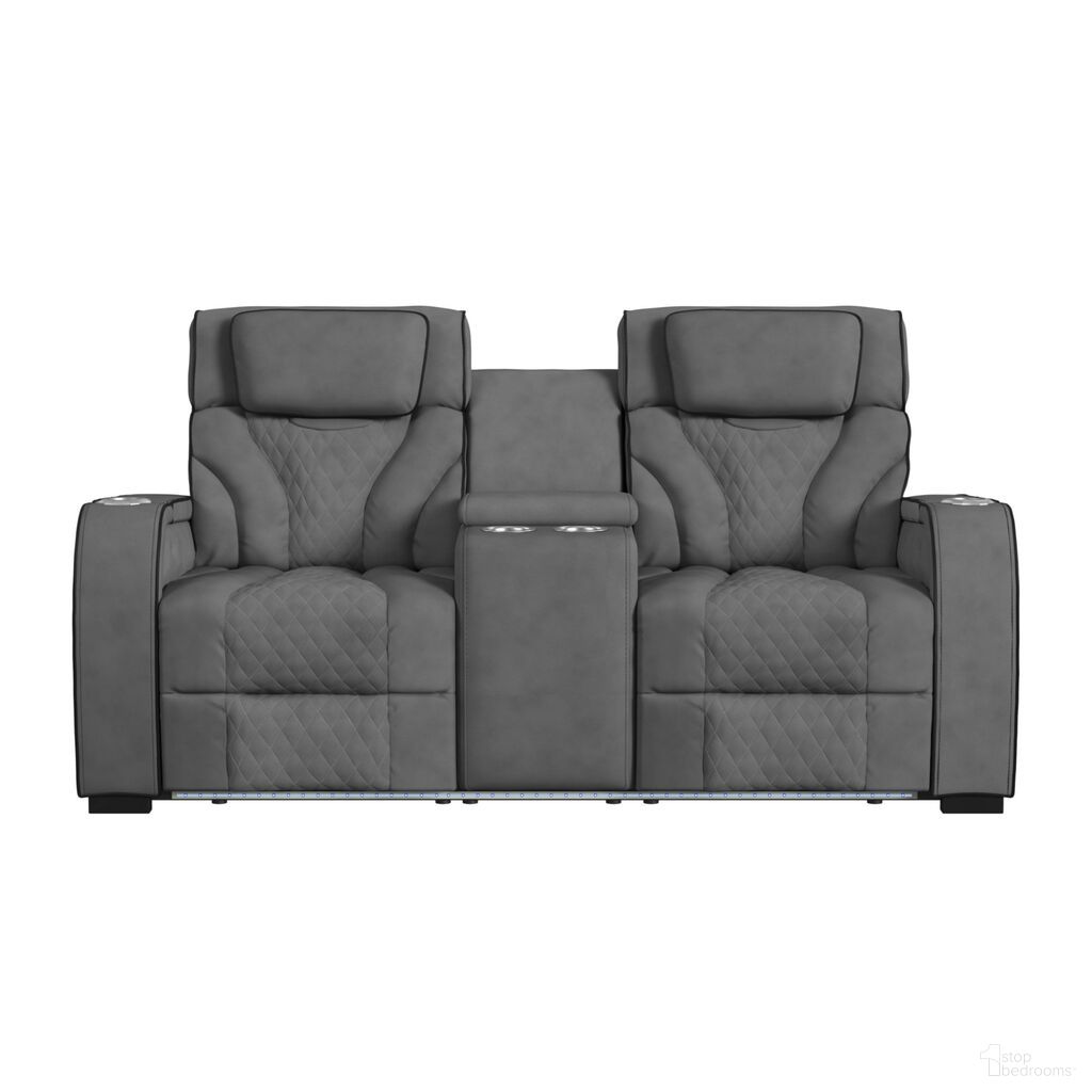 The appearance of Tundra Motion Loveseat with Console and LED In Simba Slate and Black Welt designed by Picket House in the transitional interior design. This black and slate piece of furniture was selected by 1StopBedrooms from Tundra Collection to add a touch of cosiness and style into your home. Sku: U-19190-11108-285. Material: PU.