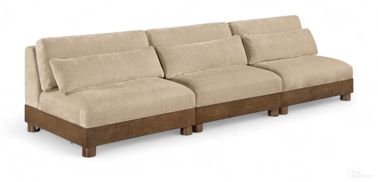 The appearance of Turin 120 Inch Chenille Fabric Upholstered 3-Piece Modular Sofa In Beige designed by Meridian in the modern / contemporary interior design. This beige piece of furniture was selected by 1StopBedrooms from Turin Collection to add a touch of cosiness and style into your home. Sku: 606Beige-Armless;606Beige-Armless;606Beige-Armless. Material: Birch Wood.