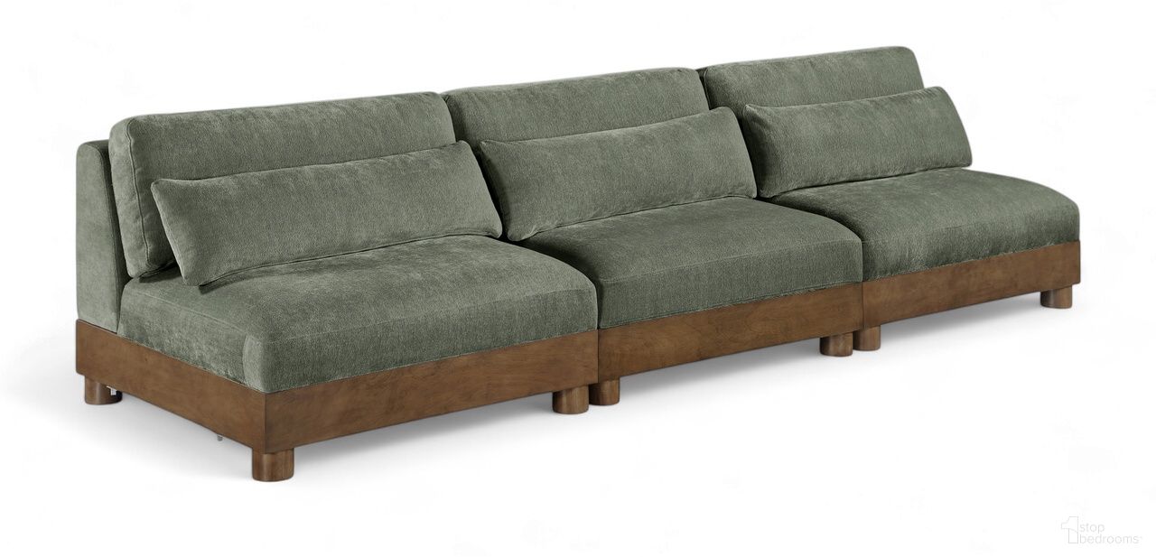 The appearance of Turin 120 Inch Chenille Fabric Upholstered 3-Piece Modular Sofa In Green designed by Meridian in the modern / contemporary interior design. This green piece of furniture was selected by 1StopBedrooms from Turin Collection to add a touch of cosiness and style into your home. Sku: 606Green-Armless;606Green-Armless;606Green-Armless. Material: Birch Wood.