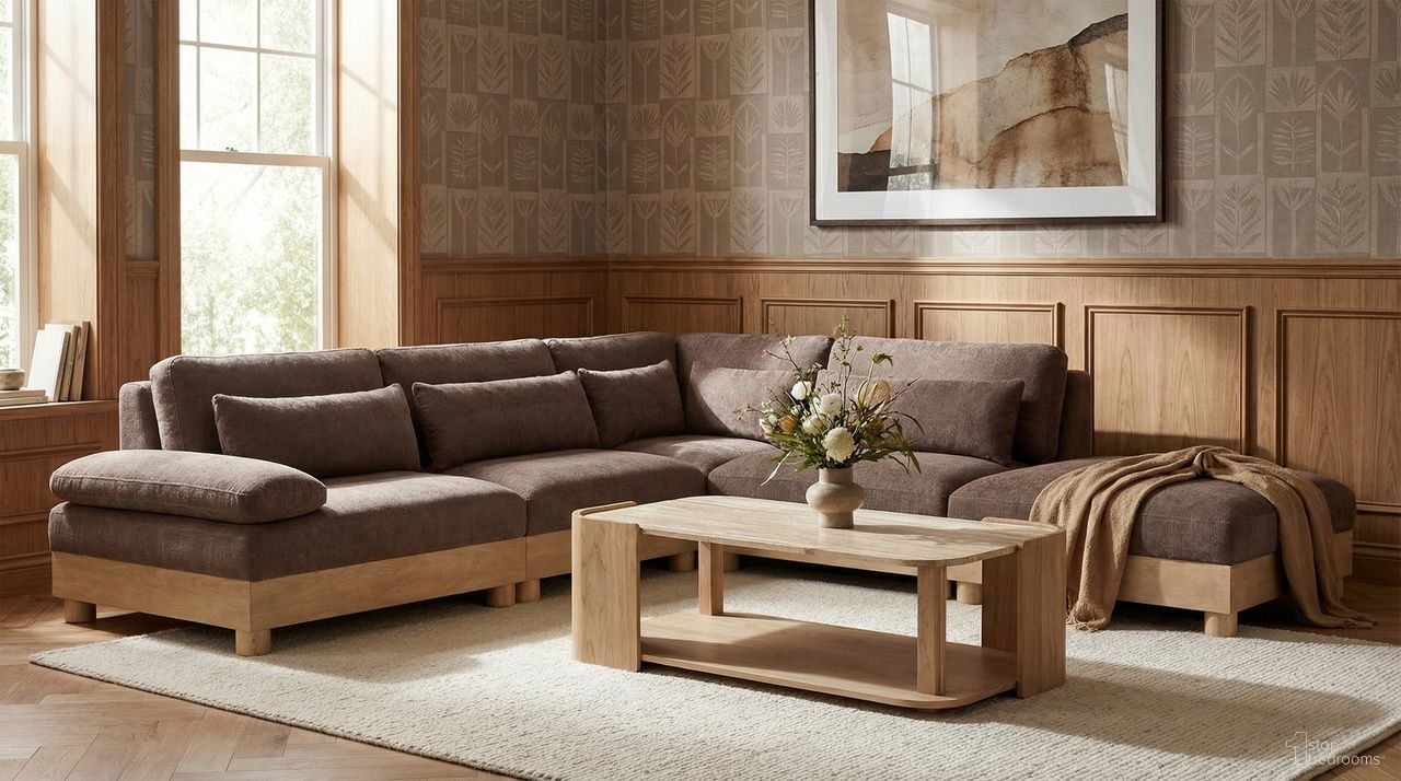 The appearance of Turin 120 Inch Chenille Fabric Upholstered 5-Piece Modular Sectional In Brown designed by Meridian in the modern / contemporary interior design. This brown piece of furniture was selected by 1StopBedrooms from Turin Collection to add a touch of cosiness and style into your home. Sku: 612Brown-Armless;612Brown-Armless;612Brown-Corner;612Brown-Ott;612Brown-LAF. Material: Birch Wood.