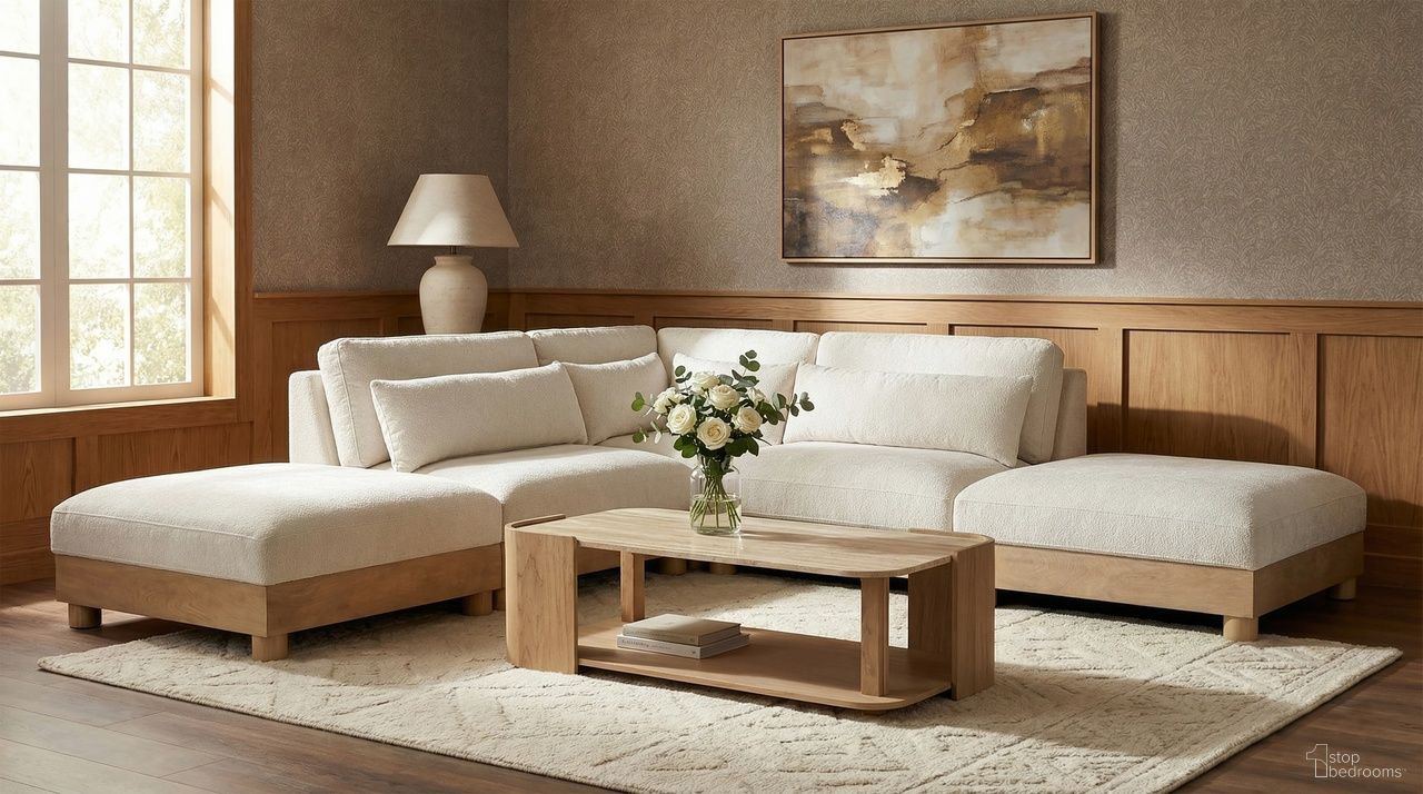 The appearance of Turin 120 Inch Chenille Fabric Upholstered 5-Piece Modular Sectional In Cream designed by Meridian in the modern / contemporary interior design. This cream piece of furniture was selected by 1StopBedrooms from Turin Collection to add a touch of cosiness and style into your home. Sku: 612Cream-Armless;612Cream-Armless;612Cream-Corner;612Cream-Ott;612Cream-Ott. Material: Birch Wood.