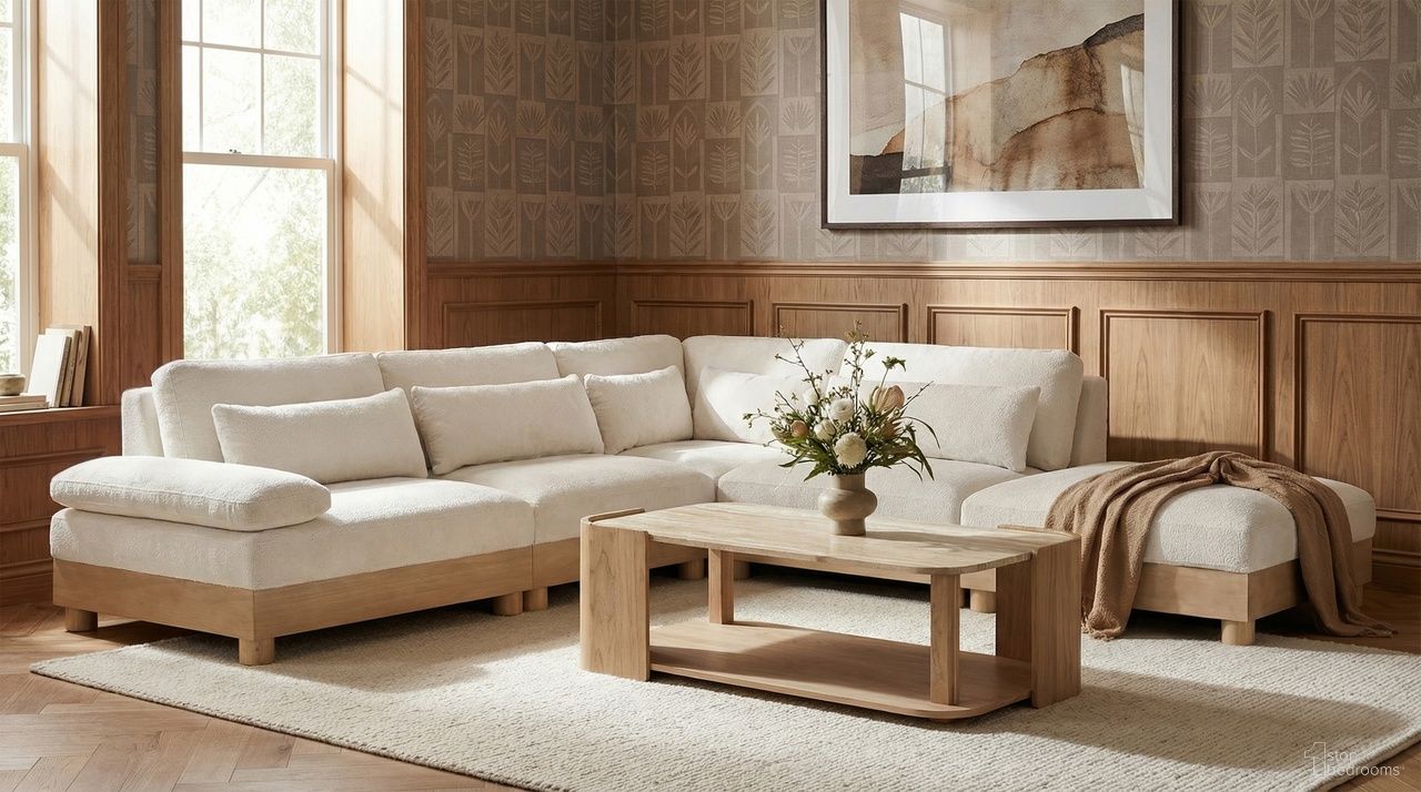 The appearance of Turin 120 Inch Chenille Fabric Upholstered 5-Piece Modular Sectional In Cream designed by Meridian in the modern / contemporary interior design. This cream piece of furniture was selected by 1StopBedrooms from Turin Collection to add a touch of cosiness and style into your home. Sku: 612Cream-Armless;612Cream-Armless;612Cream-Corner;612Cream-Ott;612Cream-LAF. Material: Birch Wood.