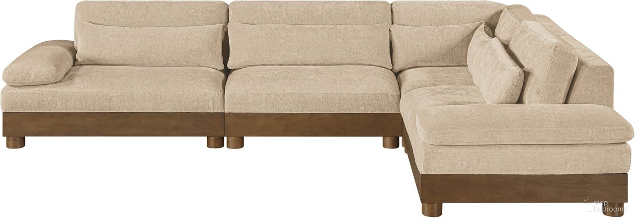 The appearance of Turin 127.75 Inch Chenille Fabric Upholstered 4-Piece Modular Sectional In Beige designed by Meridian in the modern / contemporary interior design. This beige piece of furniture was selected by 1StopBedrooms from Turin Collection to add a touch of cosiness and style into your home. Sku: 606Beige-Armless;606Beige-Corner;606Beige-LAF;606Beige-RAF. Material: Birch Wood.