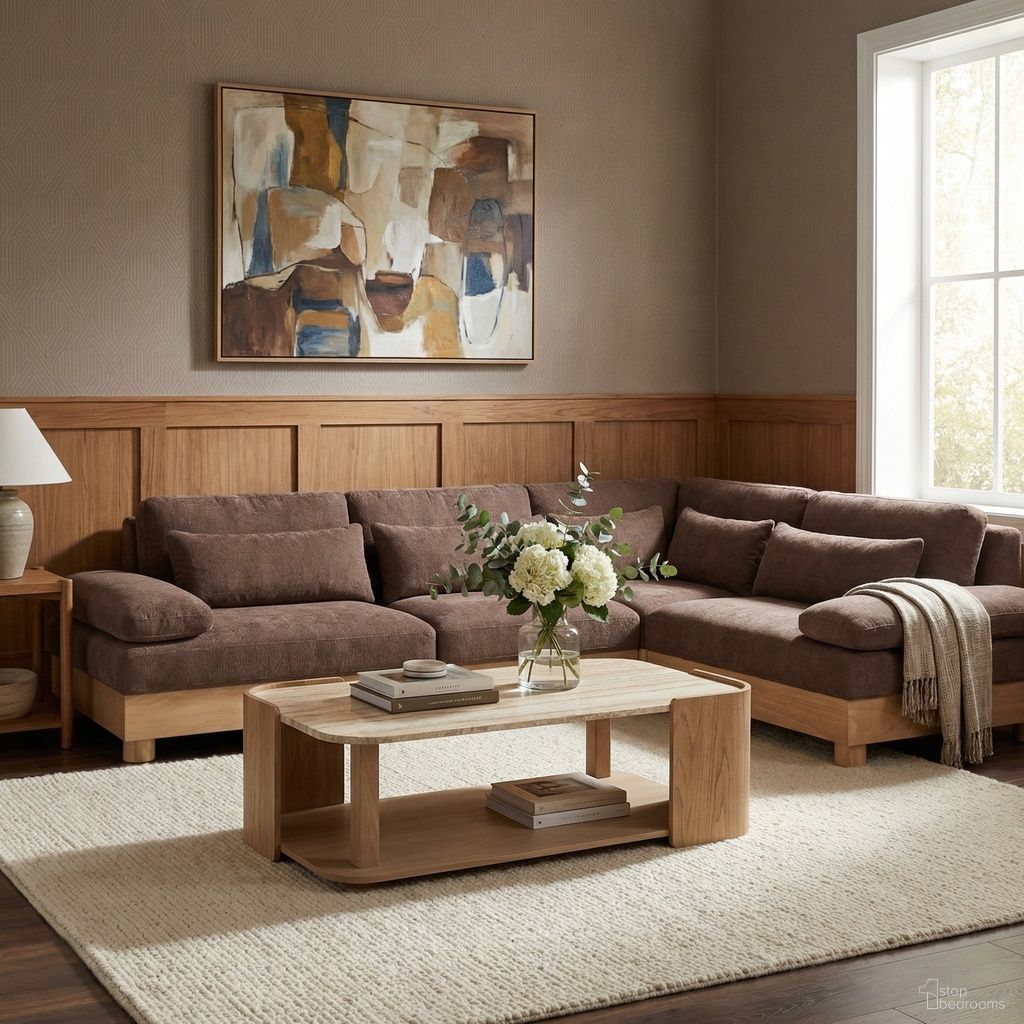 The appearance of Turin 127.75 Inch Chenille Fabric Upholstered 4-Piece Modular Sectional In Brown designed by Meridian in the modern / contemporary interior design. This brown piece of furniture was selected by 1StopBedrooms from Turin Collection to add a touch of cosiness and style into your home. Sku: 612Brown-Armless;612Brown-Corner;612Brown-LAF;612Brown-RAF. Material: Birch Wood.