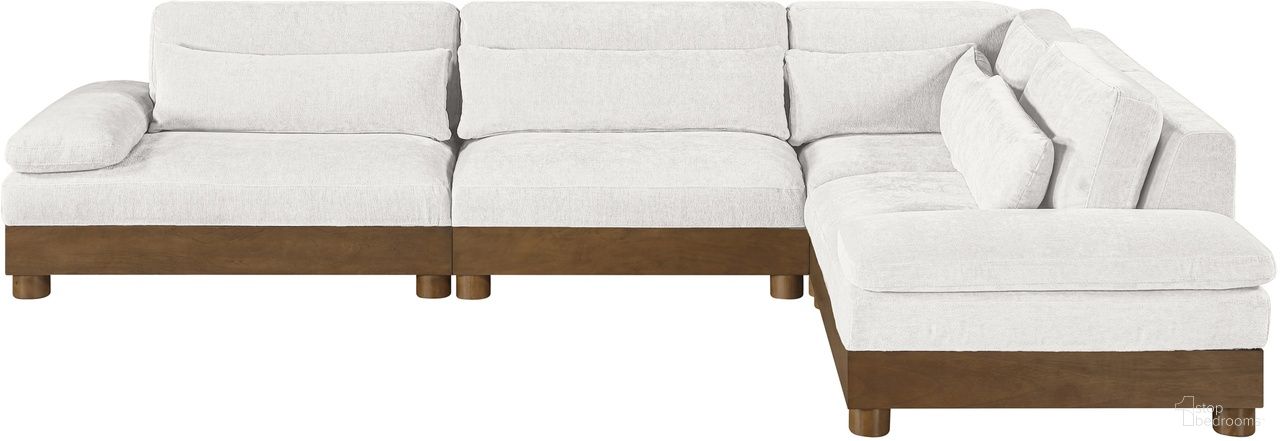 The appearance of Turin 127.75 Inch Chenille Fabric Upholstered 4-Piece Modular Sectional In Cream designed by Meridian in the modern / contemporary interior design. This cream piece of furniture was selected by 1StopBedrooms from Turin Collection to add a touch of cosiness and style into your home. Sku: 606Cream-Armless;606Cream-Corner;606Cream-LAF;606Cream-RAF. Material: Birch Wood.