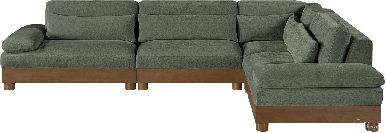The appearance of Turin 127.75 Inch Chenille Fabric Upholstered 4-Piece Modular Sectional In Green designed by Meridian in the modern / contemporary interior design. This green piece of furniture was selected by 1StopBedrooms from Turin Collection to add a touch of cosiness and style into your home. Sku: 606Green-Armless;606Green-Corner;606Green-LAF;606Green-RAF. Material: Birch Wood.