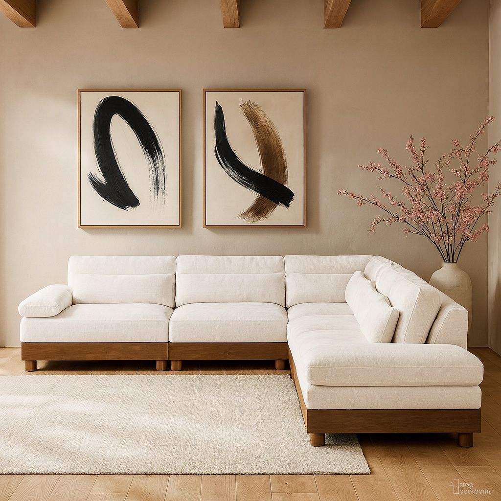 The appearance of Turin 127.75 Inch Chenille Fabric Upholstered 5-Piece Modular Sectional In Cream designed by Meridian in the modern / contemporary interior design. This cream piece of furniture was selected by 1StopBedrooms from Turin Collection to add a touch of cosiness and style into your home. Sku: 606Cream-Armless;606Cream-Armless;606Cream-Corner;606Cream-LAF;606Cream-RAF. Material: Birch Wood.