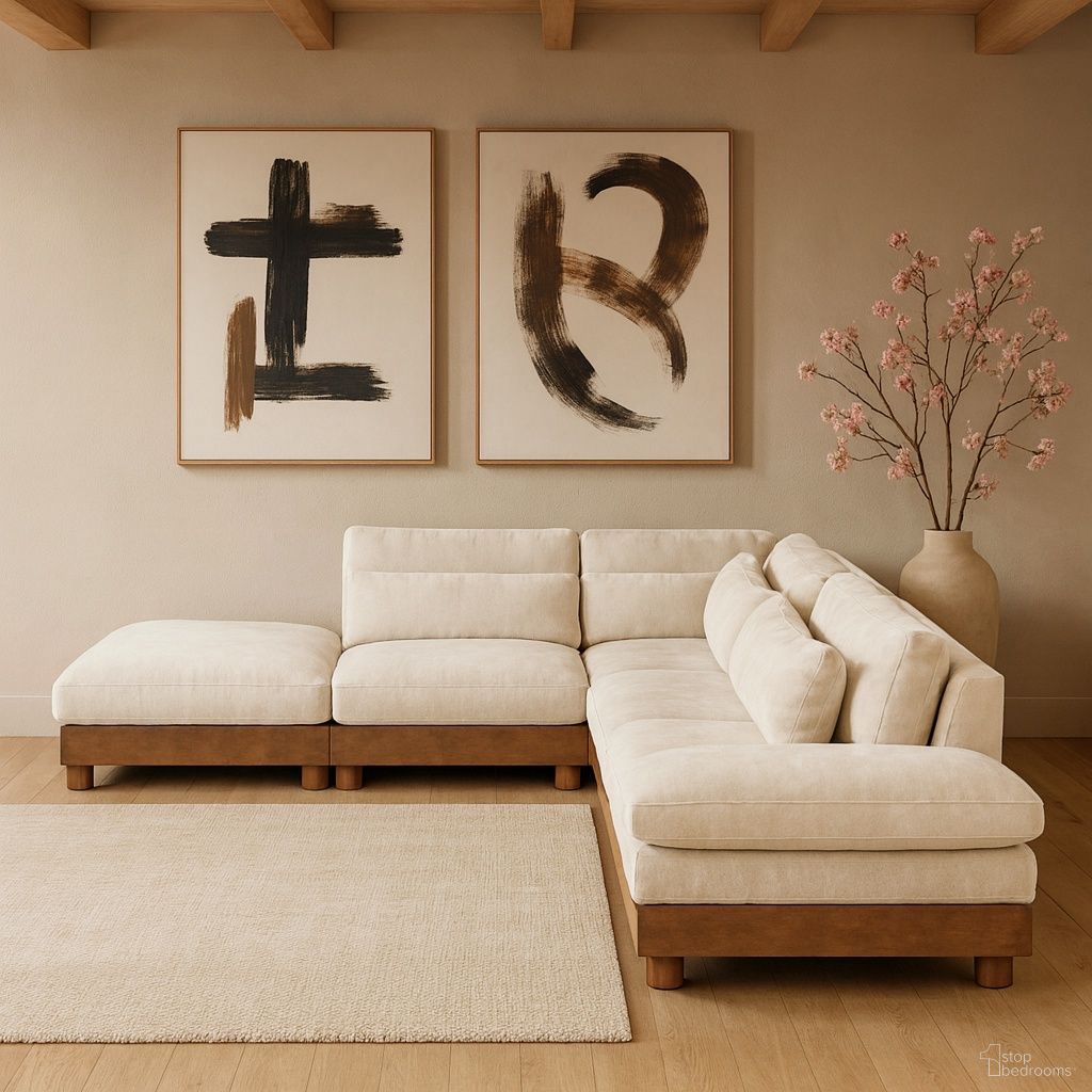 The appearance of Turin 127.75 Inch Chenille Fabric Upholstered 5-Piece Modular Sectional In Cream designed by Meridian in the modern / contemporary interior design. This cream piece of furniture was selected by 1StopBedrooms from Turin Collection to add a touch of cosiness and style into your home. Sku: 606Cream-Armless;606Cream-Armless;606Cream-Corner;606Cream-Ott;606Cream-RAF. Material: Birch Wood.
