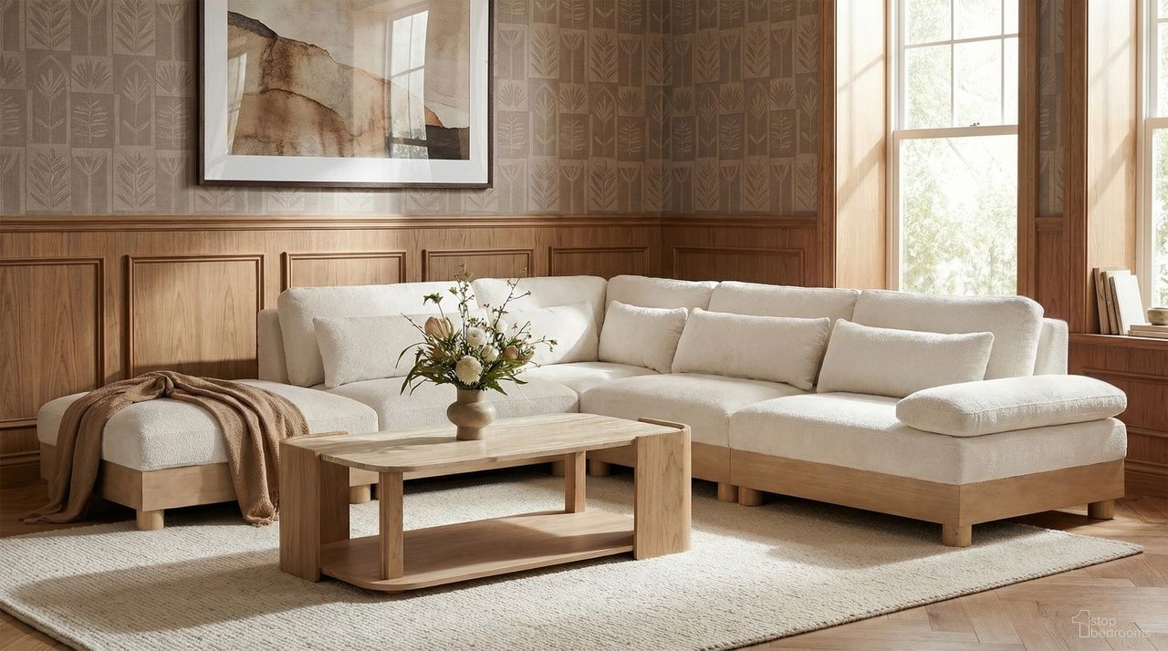The appearance of Turin 127.75 Inch Chenille Fabric Upholstered 5-Piece Modular Sectional In Cream designed by Meridian in the modern / contemporary interior design. This cream piece of furniture was selected by 1StopBedrooms from Turin Collection to add a touch of cosiness and style into your home. Sku: 612Cream-Armless;612Cream-Armless;612Cream-Corner;612Cream-Ott;612Cream-RAF. Material: Birch Wood.