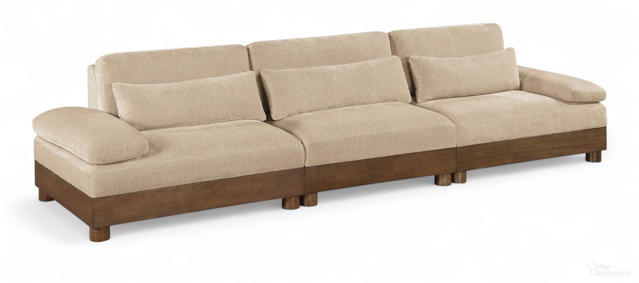 The appearance of Turin 135.5 Inch Chenille Fabric Upholstered 3-Piece Modular Sofa In Beige designed by Meridian in the modern / contemporary interior design. This beige piece of furniture was selected by 1StopBedrooms from Turin Collection to add a touch of cosiness and style into your home. Sku: 606Beige-Armless;606Beige-LAF;606Beige-RAF. Material: Birch Wood.