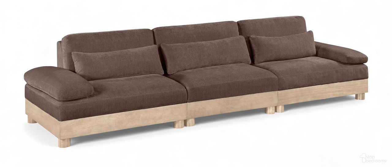 The appearance of Turin 135.5 Inch Chenille Fabric Upholstered 3-Piece Modular Sofa In Brown designed by Meridian in the modern / contemporary interior design. This brown piece of furniture  was selected by 1StopBedrooms from Turin Collection to add a touch of cosiness and style into your home. Sku: 612Brown-Armless;612Brown-LAF;612Brown-RAF. Material: Birch Wood.