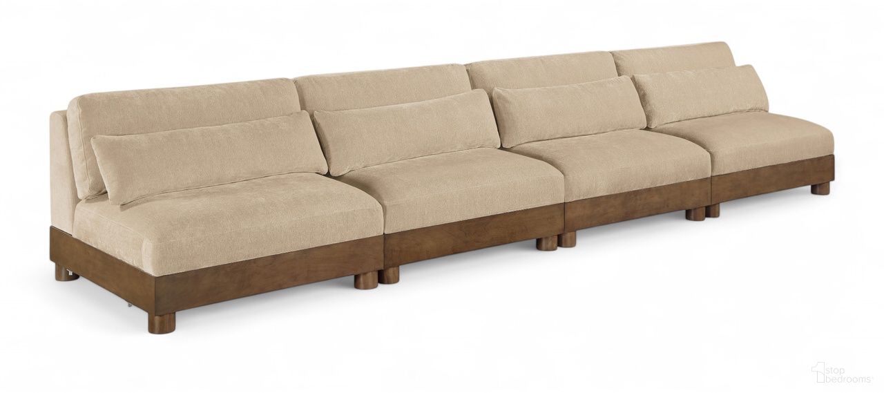 The appearance of Turin 160 Inch Chenille Fabric Upholstered 4-Piece Modular Sofa In Beige designed by Meridian in the modern / contemporary interior design. This beige piece of furniture was selected by 1StopBedrooms from Turin Collection to add a touch of cosiness and style into your home. Sku: 606Beige-Armless;606Beige-Armless;606Beige-Armless;606Beige-Armless. Material: Birch Wood.