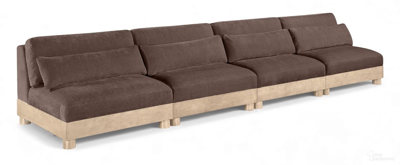 The appearance of Turin 160 Inch Chenille Fabric Upholstered 4-Piece Modular Sofa In Brown designed by Meridian in the modern / contemporary interior design. This brown piece of furniture was selected by 1StopBedrooms from Turin Collection to add a touch of cosiness and style into your home. Sku: 612Brown-Armless;612Brown-Armless;612Brown-Armless;612Brown-Armless. Material: Birch Wood.