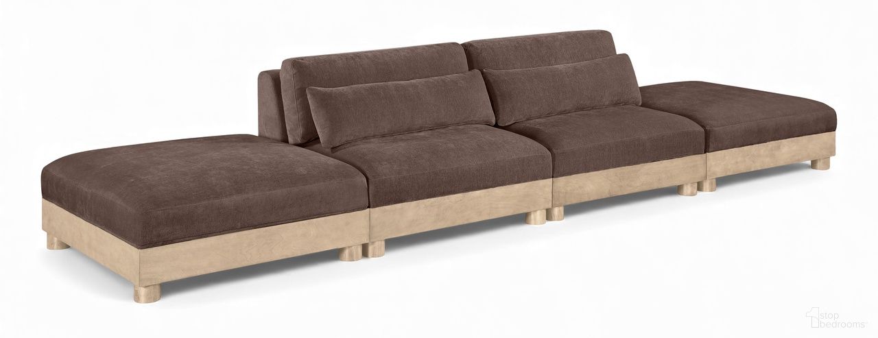 The appearance of Turin 160 Inch Chenille Fabric Upholstered 4-Piece Modular Sofa In Brown designed by Meridian in the modern / contemporary interior design. This brown piece of furniture was selected by 1StopBedrooms from Turin Collection to add a touch of cosiness and style into your home. Sku: 612Brown-Armless;612Brown-Armless;612Brown-Ott;612Brown-Ott. Material: Birch Wood.