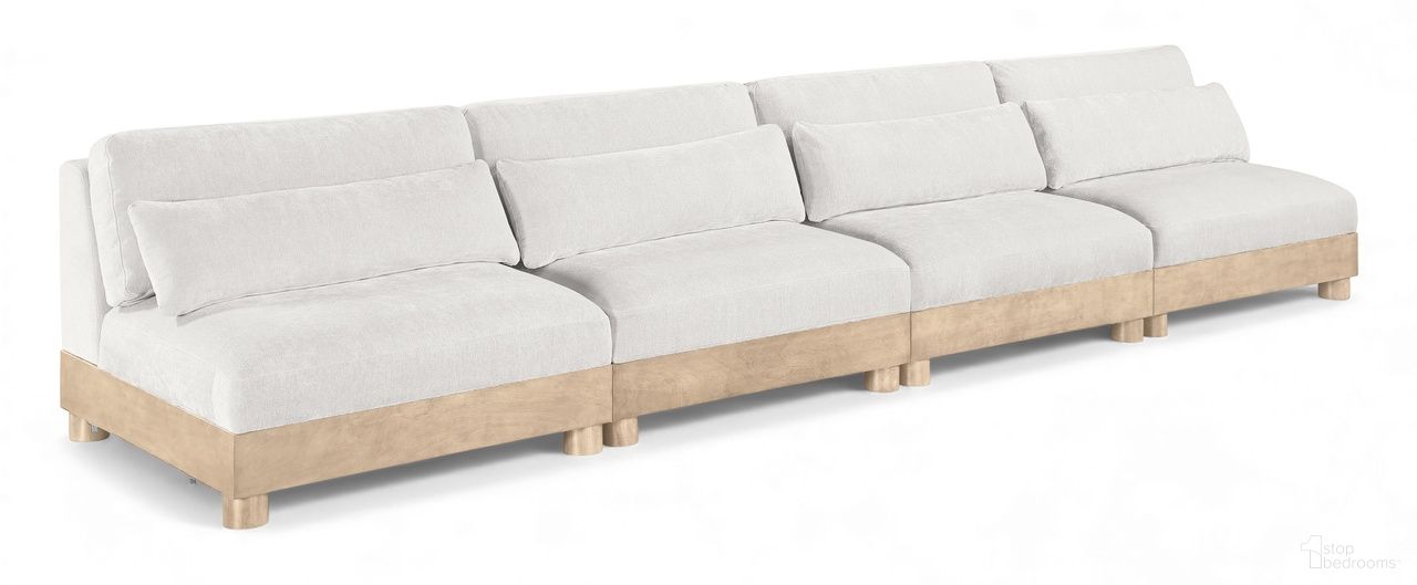 The appearance of Turin 160 Inch Chenille Fabric Upholstered 4-Piece Modular Sofa In Cream designed by Meridian in the modern / contemporary interior design. This cream piece of furniture was selected by 1StopBedrooms from Turin Collection to add a touch of cosiness and style into your home. Sku: 612Cream-Armless;612Cream-Armless;612Cream-Armless;612Cream-Armless. Material: Birch Wood.