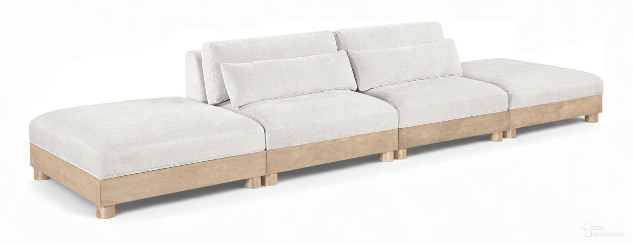 The appearance of Turin 160 Inch Chenille Fabric Upholstered 4-Piece Modular Sofa In Cream designed by Meridian in the modern / contemporary interior design. This cream piece of furniture was selected by 1StopBedrooms from Turin Collection to add a touch of cosiness and style into your home. Sku: 612Cream-Armless;612Cream-Armless;612Cream-Ott;612Cream-Ott. Material: Birch Wood.
