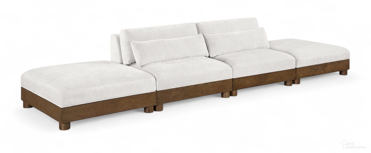 The appearance of Turin 160 Inch Chenille Fabric Upholstered 4-Piece Modular Sofa In Cream designed by Meridian in the modern / contemporary interior design. This cream piece of furniture was selected by 1StopBedrooms from Turin Collection to add a touch of cosiness and style into your home. Sku: 606Cream-Armless;606Cream-Armless;606Cream-Ott;606Cream-Ott. Material: Birch Wood.