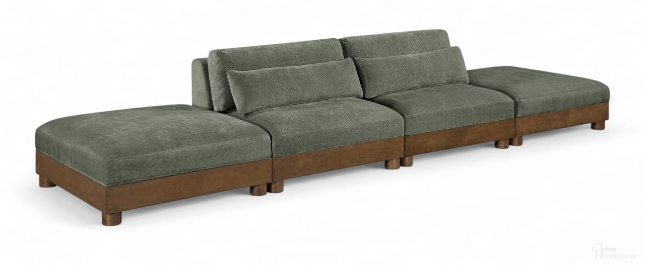 The appearance of Turin 160 Inch Chenille Fabric Upholstered 4-Piece Modular Sofa In Green designed by Meridian in the modern / contemporary interior design. This green piece of furniture was selected by 1StopBedrooms from Turin Collection to add a touch of cosiness and style into your home. Sku: 606Green-Armless;606Green-Armless;606Green-Ott;606Green-Ott. Material: Birch Wood.